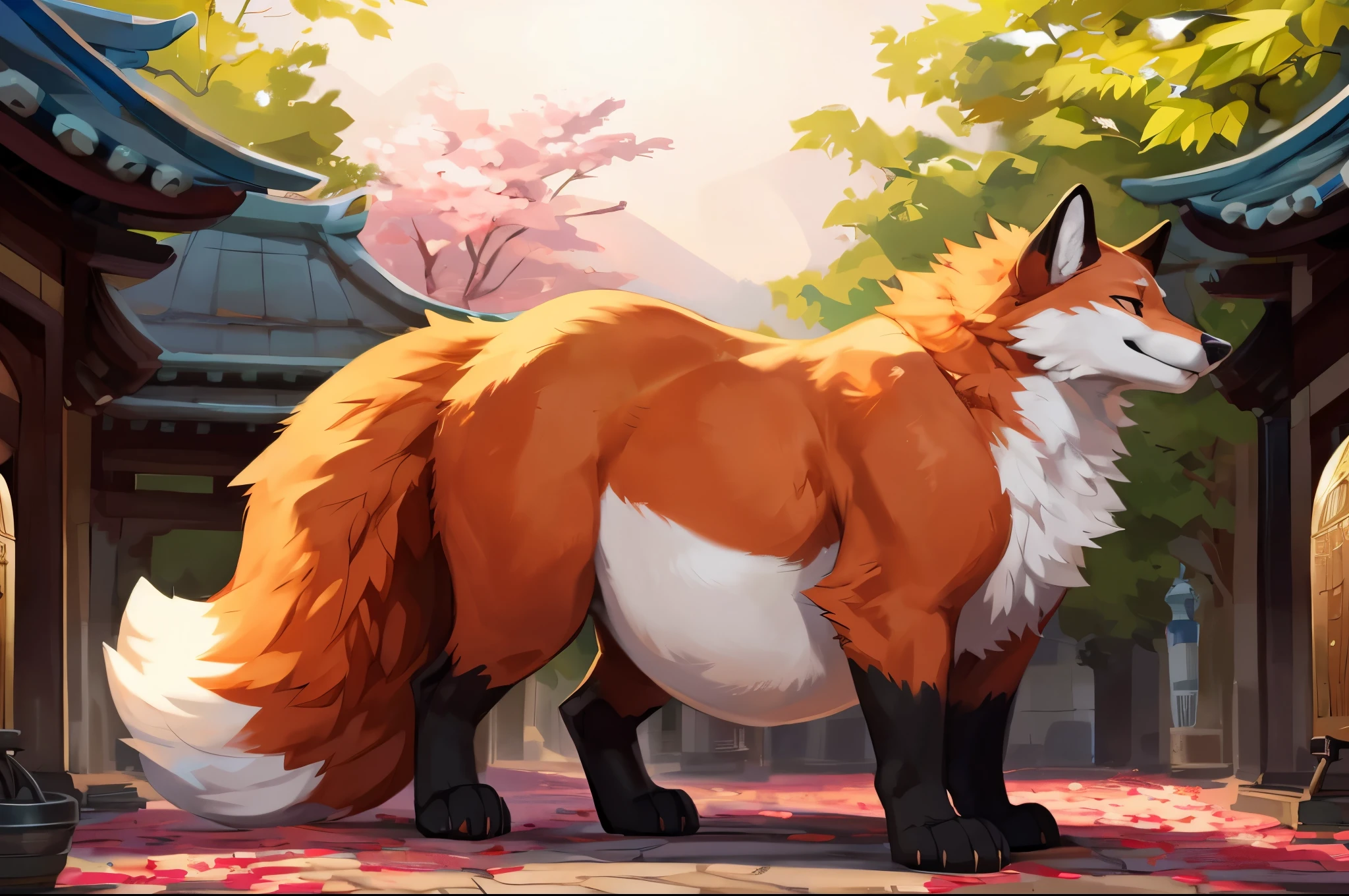 4k ultra quality, 4k full body view,(ultra high detailed body),((feral)) fox,by mystikfox61, by glitter trap boy,feral paws, by bebebebebe,by morethreedee, by seibear,(thick thigh),(chubby thigh),thicc thigh,thick legs,chubby legs,thicc legs,massive butt,enomorous thigh,massive thigh,massive legs,thick lower legs,wide legs,(detailed thigh),(wide thigh),fluffy belly sharp nails,((sfw)),(ultra detailed face),detailed eyes,big tail,fluffy tail,(detailed tail),enomorous tail,bigger tail,huge tail,volumetric light,big paws,(thick paws),fluffy paws,furry paws,enomorous paws,(feral focus), beast,(bigger lower body),(long legs),front view,master works, super fine, 4k resolution, high quality,high picture detail,dark fantasy,illusory engine, Masterpiece,dire fox,faint lighting,shrine,sakura,(feral) belly,charming (feral) body,chubby (feral) body,enomorous belly,hyper belly,shiny fur
