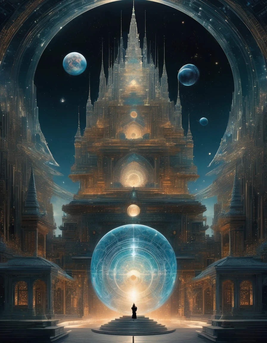 Magic Dream Castle, Sacred geometry, Clear focus, Floating Ghost Mage, Heaven and earth collapsed, Mobius strip, Black Hole, Lots of meteorites floating, Combination Magic Circle, call, The transformation of material and immaterial, Kim Sik, and other complex ritual combinations , Mike Winkelmann style的超现实数字艺术, 罗尔夫·阿姆斯特朗style: Fractal, Alberto Vargas, 和 H'style.R. liver. liver,Magical Realism,classical realism,Surrealism,imagination,Science fiction,from another realm,impossible,visual exaggeration,post cyberpunk,Nano punk,atom punck,gather,Circuit,lightpainting,白羊seat,♈︎,金牛seat,♉︎,双子seat. ♊︎,cancer,♋︎,天蝎seat,♏︎,天秤seat,♎︎,seat,♍︎,狮子seat,♌︎,射手seat,♐︎. 摩羯seat,♑︎,水瓶seat,♒︎,双鱼seat,♓︎,Unreal Engine,Octane Rendering,V-Ray,High Detail,high quality,high resolution,Surrealism,16K,Ultra wide angle,High Angle Shot,,Bioluminescence,