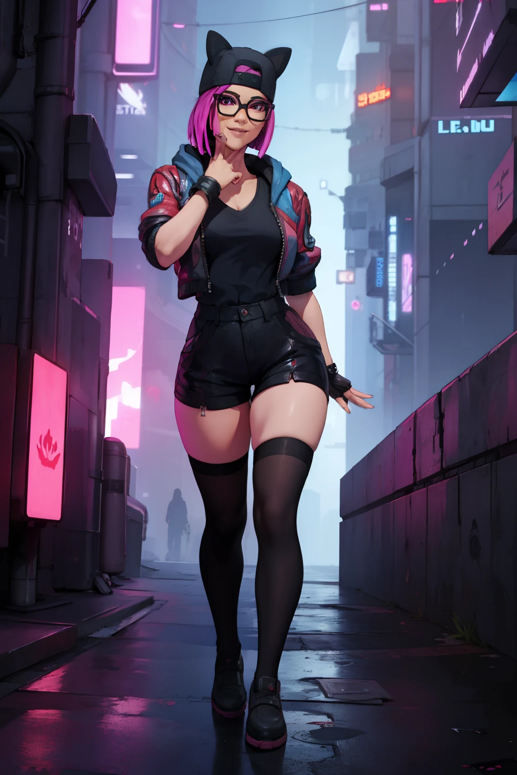 (masterpiece), (best quality), standing, (solo), looking at viewer, cyberpunk, high detailed,extremely detailed,shorts with black stockings, fine eyes, smile,dynamic pose, short pink hair,cap,loose black v neck t shirt, jacket black,fingerless glove,glasses.