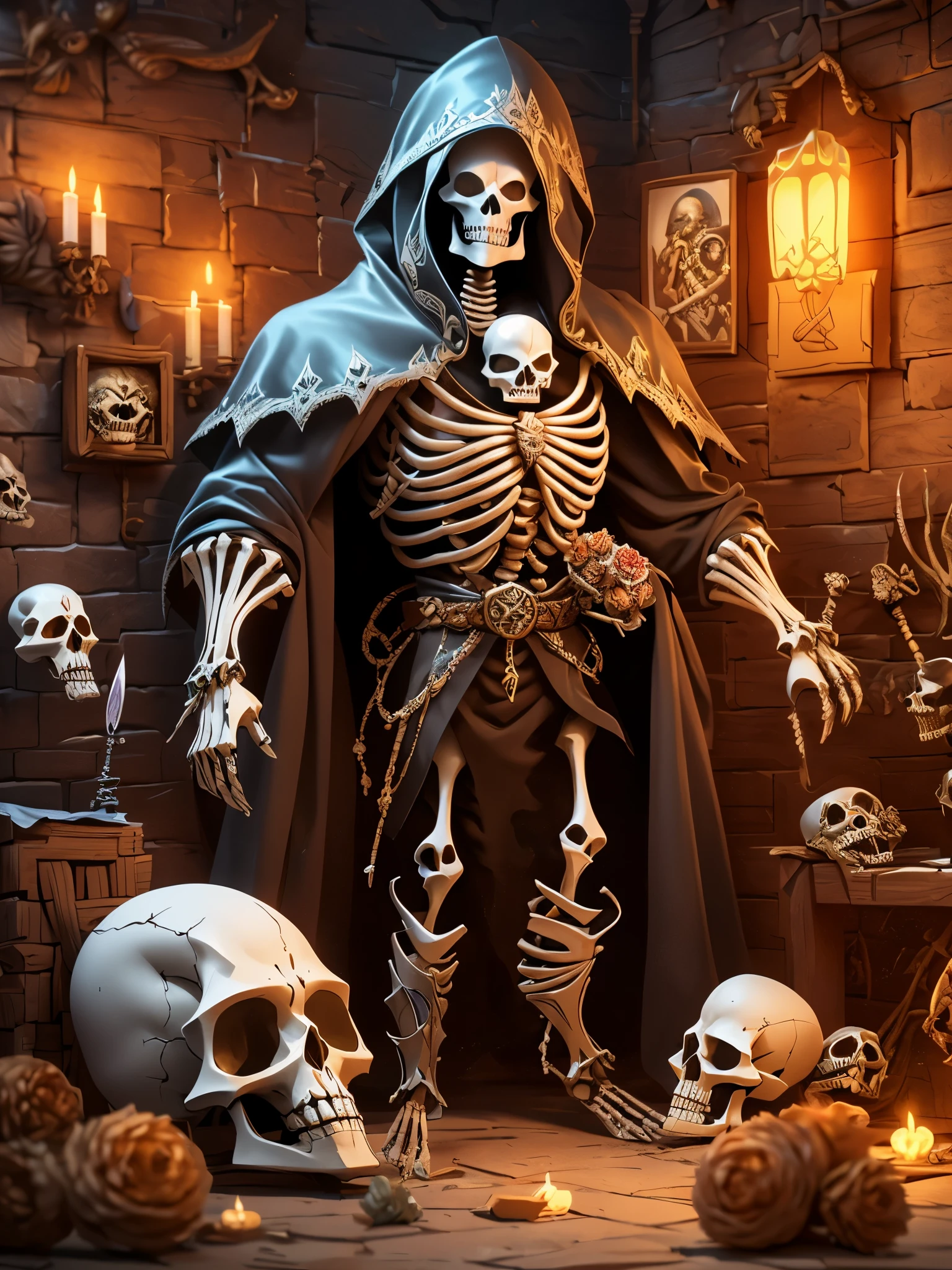 there is a skeleton holding a knife in front of a poster, skeleton king, undead skeleton king, skeleton knight, saint skeleton queen, skeleton pirate, skeleton warrior, grim gwent card, covet death, skelleton, the king of death, ( ( ( skeleton ) ) ), michael cheval (unreal engine, skeletal omens, epic full color illustration