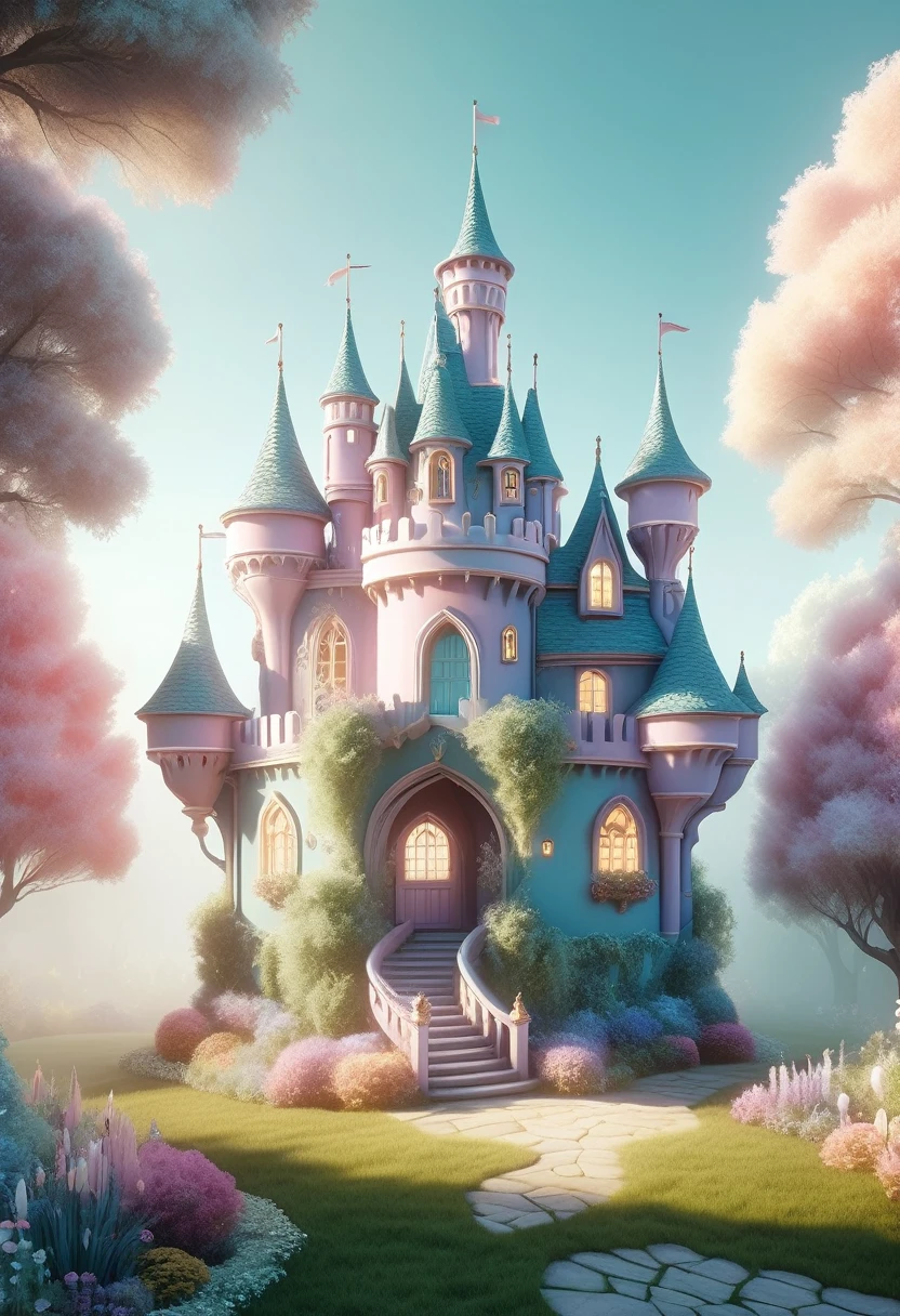Dream Castle,Pastel tones,Light style,Comfortable and calm,nature,Warm and cosy,garden,Super detailed masterpiece, Dynamic, Good quality,Floating extra large ethereal dream DonMW15pXL