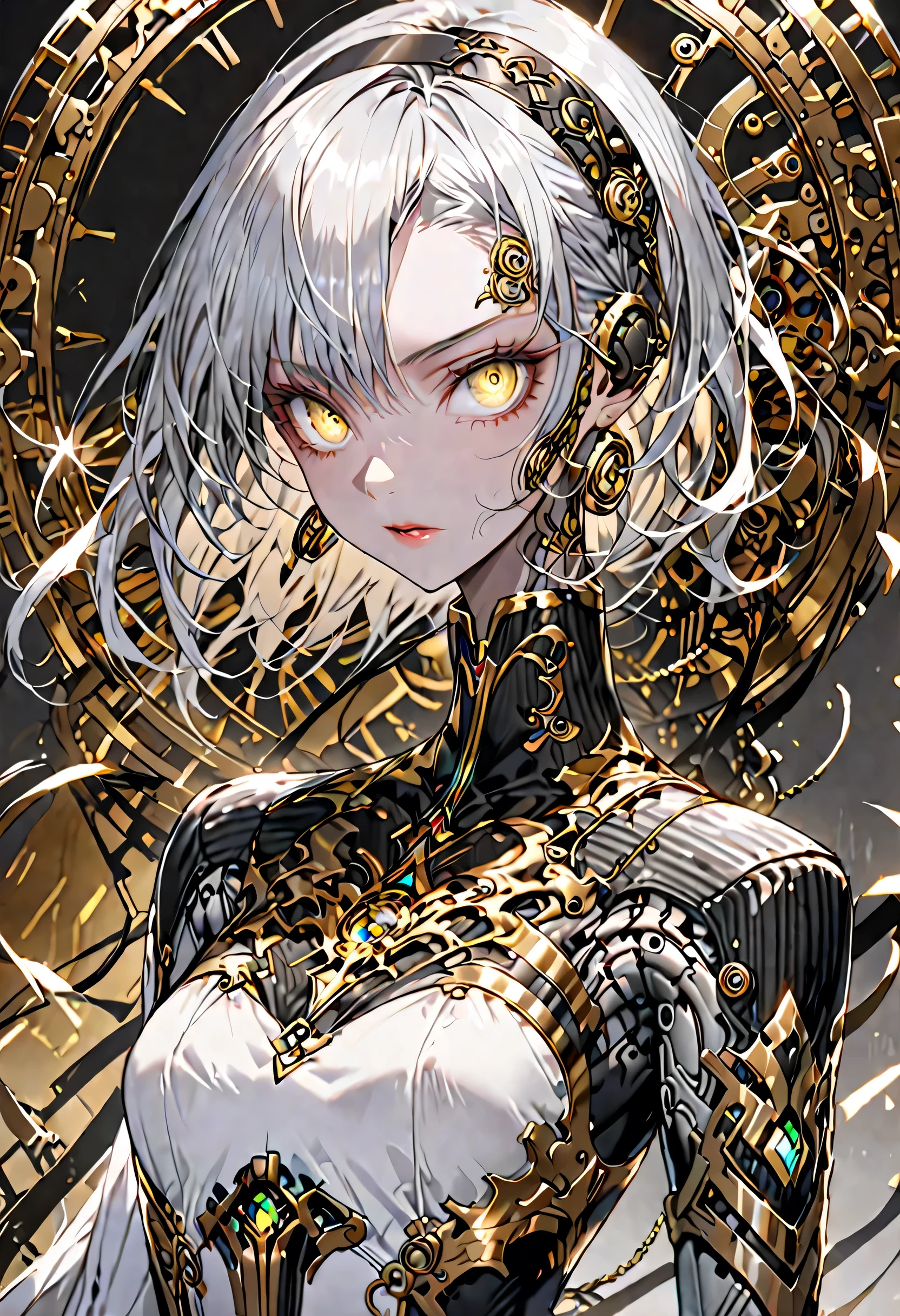 automaton of exceptional quality and design, built of polished steel and brass, intricate refined gold accents, 180 cm, slender and agile frame, built for both strength and elegance, human-like face, expressive eyebrows, deep-set glowing gemstone eyes, thin delicate lips capable of forming any expression imaginable, silver hair held in place by a simple yet elegant headband, solo, female, clockwork, robot, steel and brass arms, steel and brass body