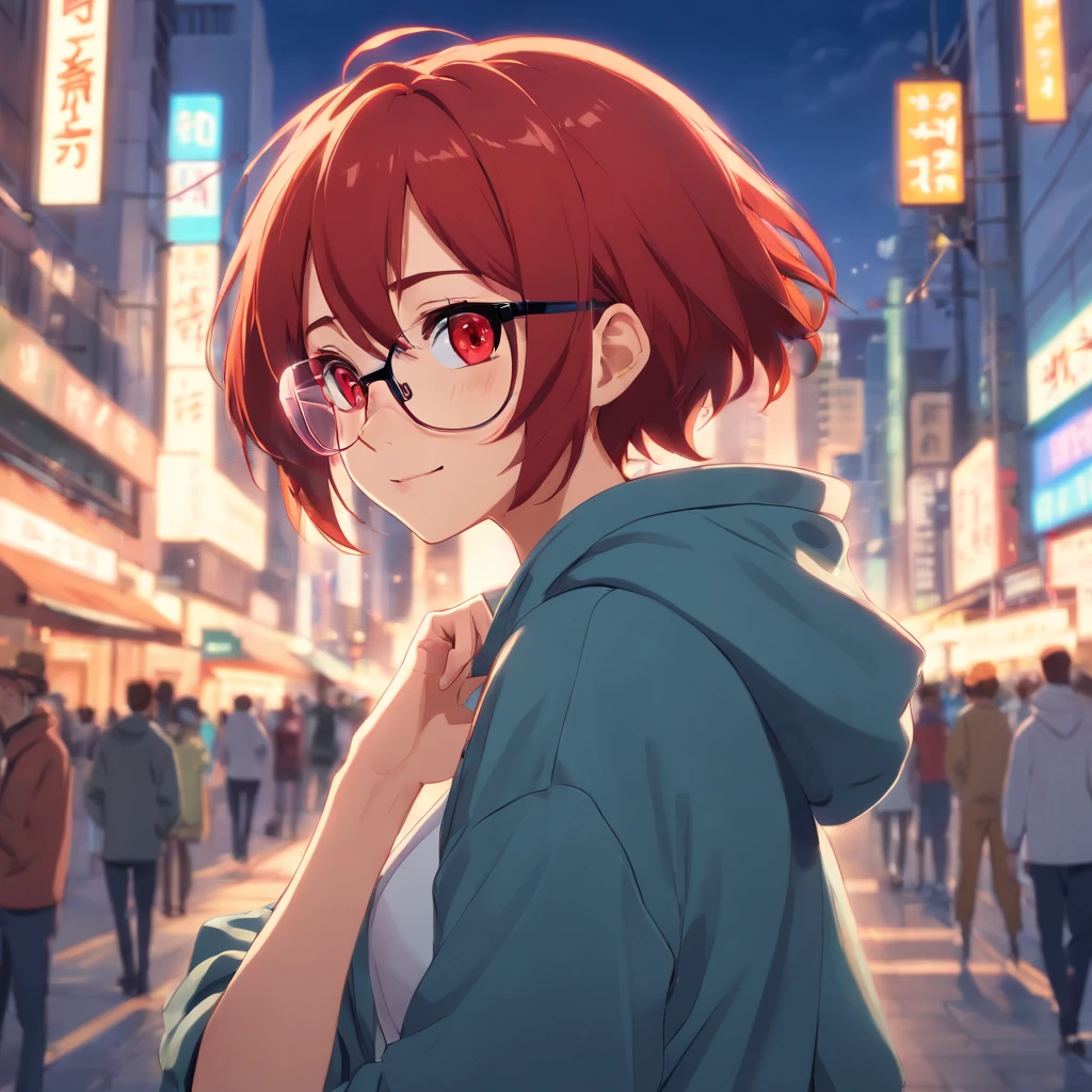 Stretching, redhead, Anime hoodie, tall, Perfect hands, perfect face, Glasses, Red eyes, perfect body, smiling, sensual