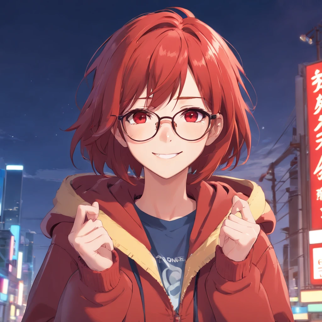Stretching, redhead, Anime hoodie, tall, Perfect hands, perfect face, Glasses, Red eyes, perfect body, smiling, sensual