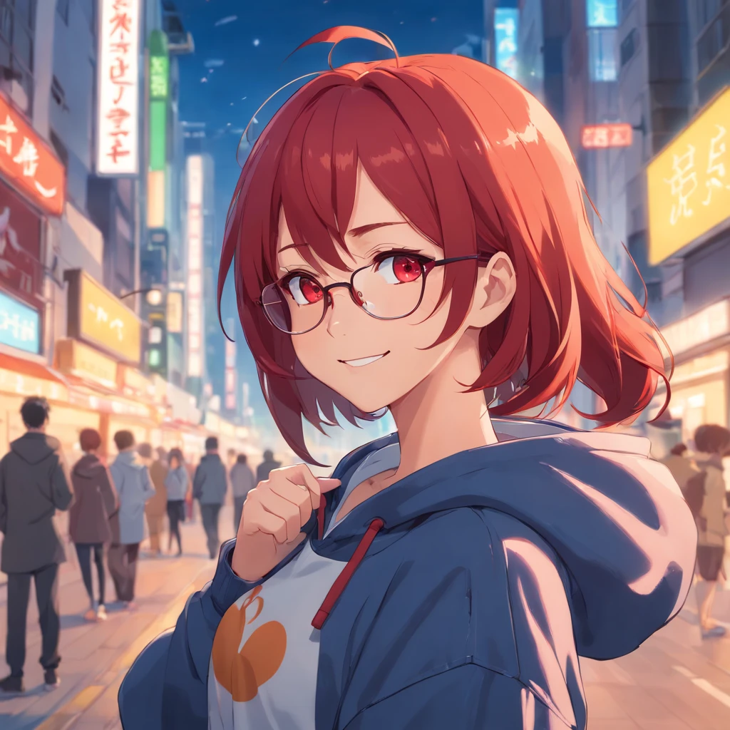 Stretching, redhead, Anime hoodie, tall, Perfect hands, perfect face, Glasses, Red eyes, perfect body, smiling, sensual
