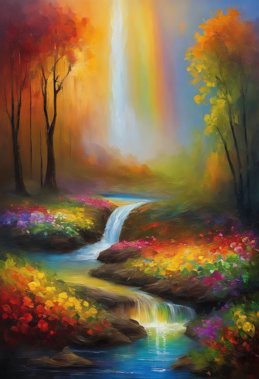 rainbow，waterfall，Flower Field，Golden Glitter，Otherworldly atmosphere，fantastic，The best view．
