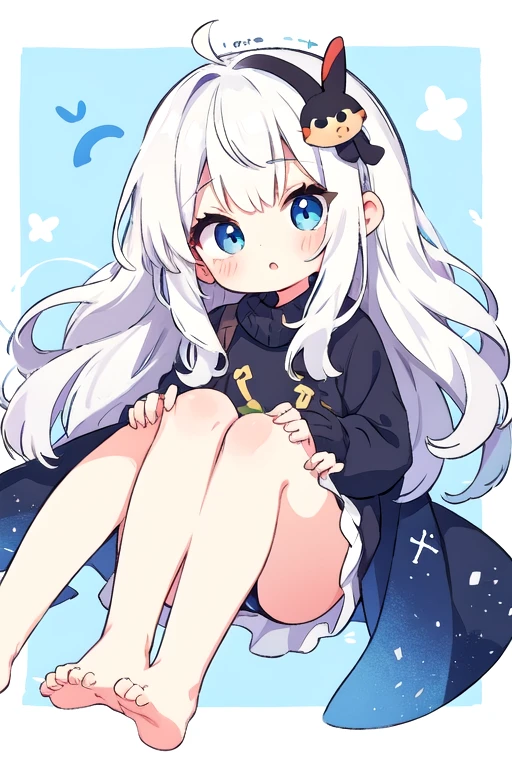chibi girl with long white hair, blue eyes