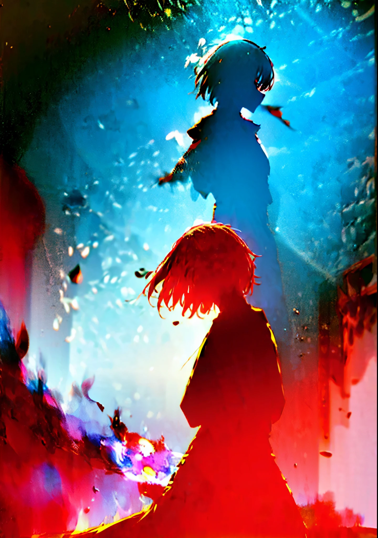 Silhouette of a man in a pose painted in black, adult man, an angel, Lots of red, An albino man, (((long white hair))), (((armor, готические armor, paladin, knight, knight в доспехах))), an angelьские крылья, nimbus, very world, stand out against a bright and colorful background, Chakras are represented as gradient circles, from red at the base to black at the top, emitting a subtle glow, Abstract and organic patterns surround the silhouette, awakening fear and anger, The painting reflects the imbalance and inner anxiety of a minimalist and evocative artistic composition, traces of blood, black smoke, Black water, divorces