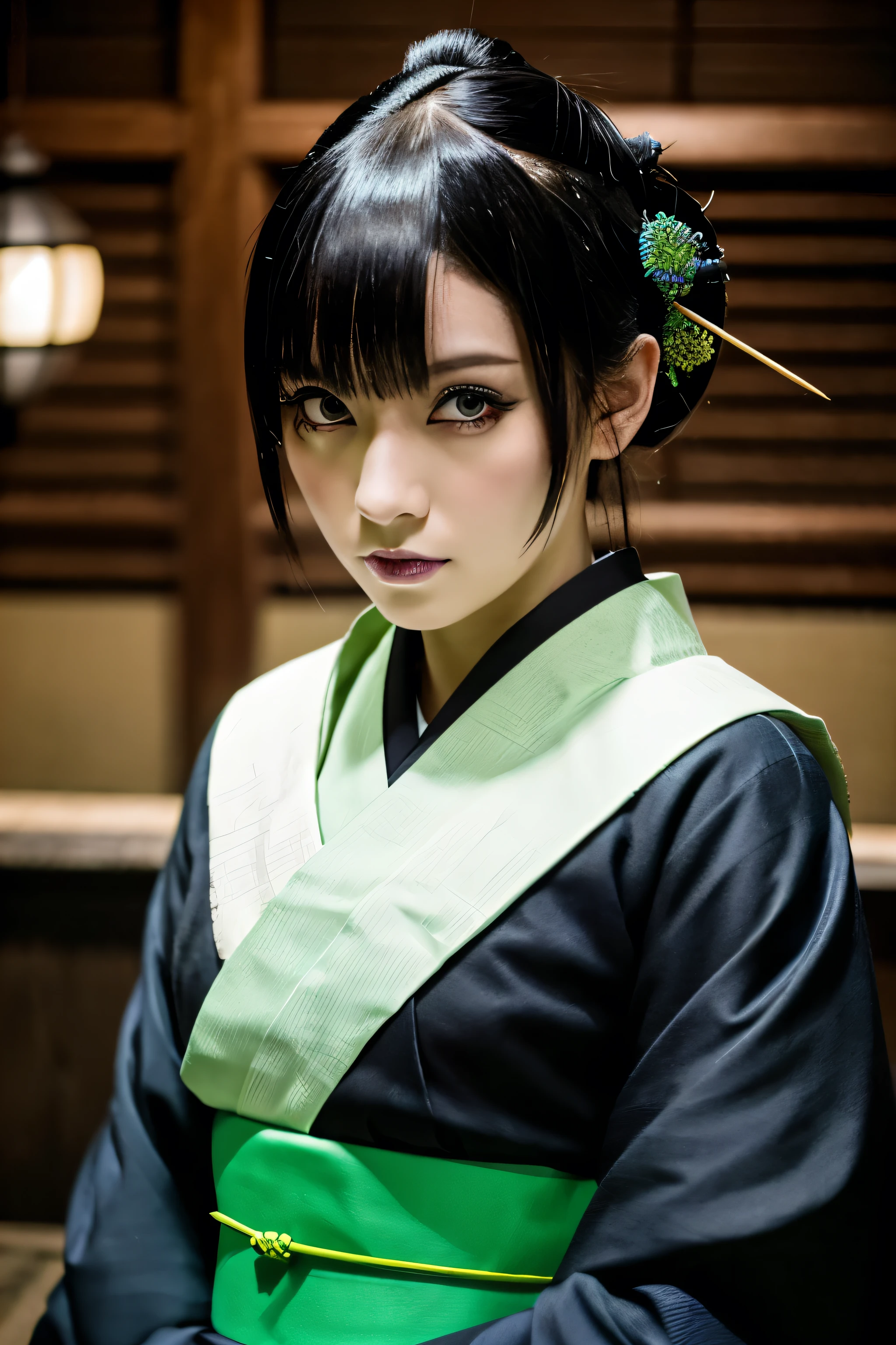 8k, highest quality, masterpiece:1.2),(highest quality:1.0),Oiwa from Yotsuya Kaidan、Black Hair、Green Eyes、Scary look、tattoo、Alleys of the Edo period、Night view of Katsushika Ewarikaze、Urameshiya、alone、Black kimono、Japanese hairstyle、
