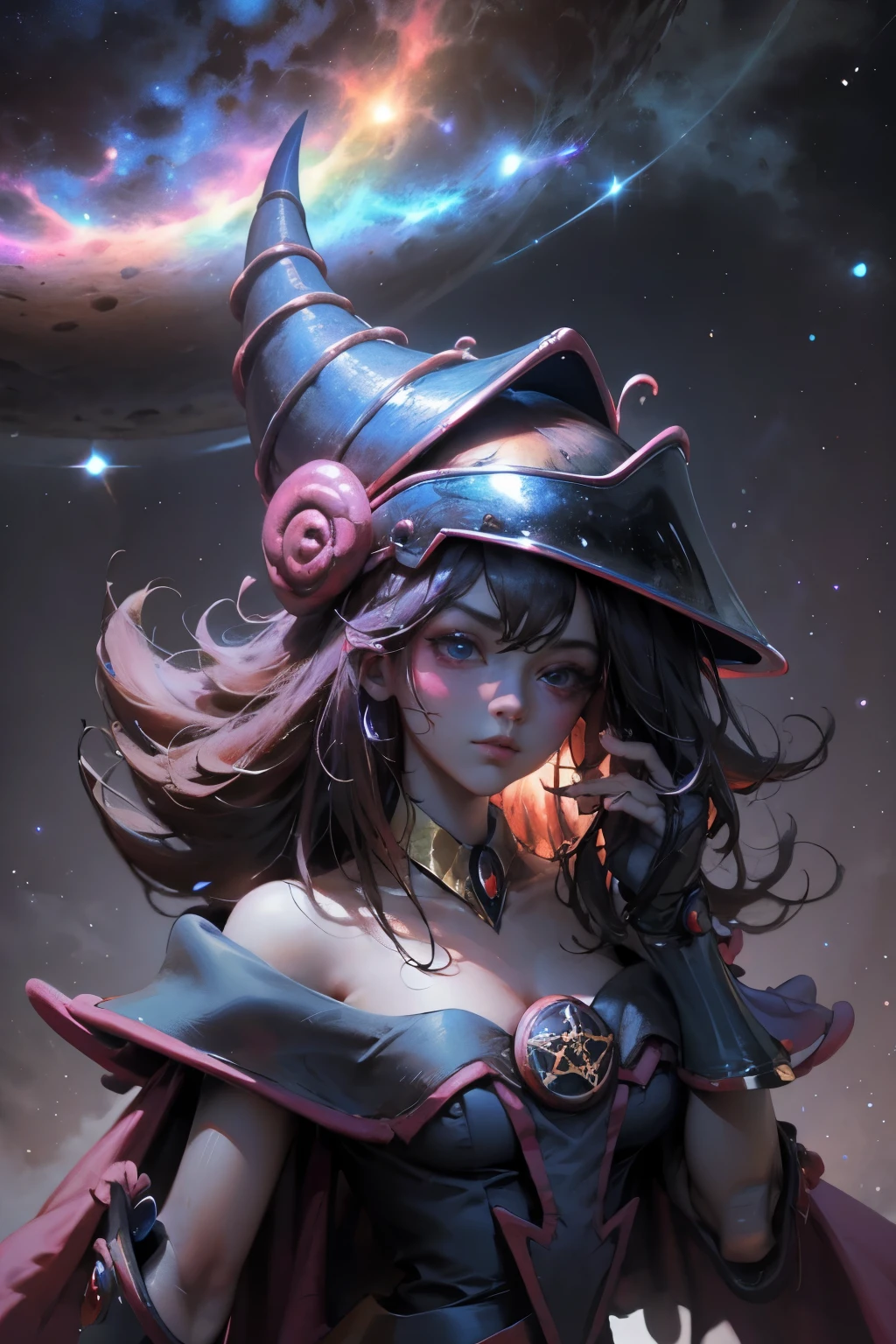 Giles magos oscuros. magos oscuros. ojos azules. cabello rubio. labios rojos. Detailed Features.., cosmic colors, ethereal lighting, Pintura surrealista, high resolution, otherworldly atmosphere, Seres celestiales. Hermosa diosa