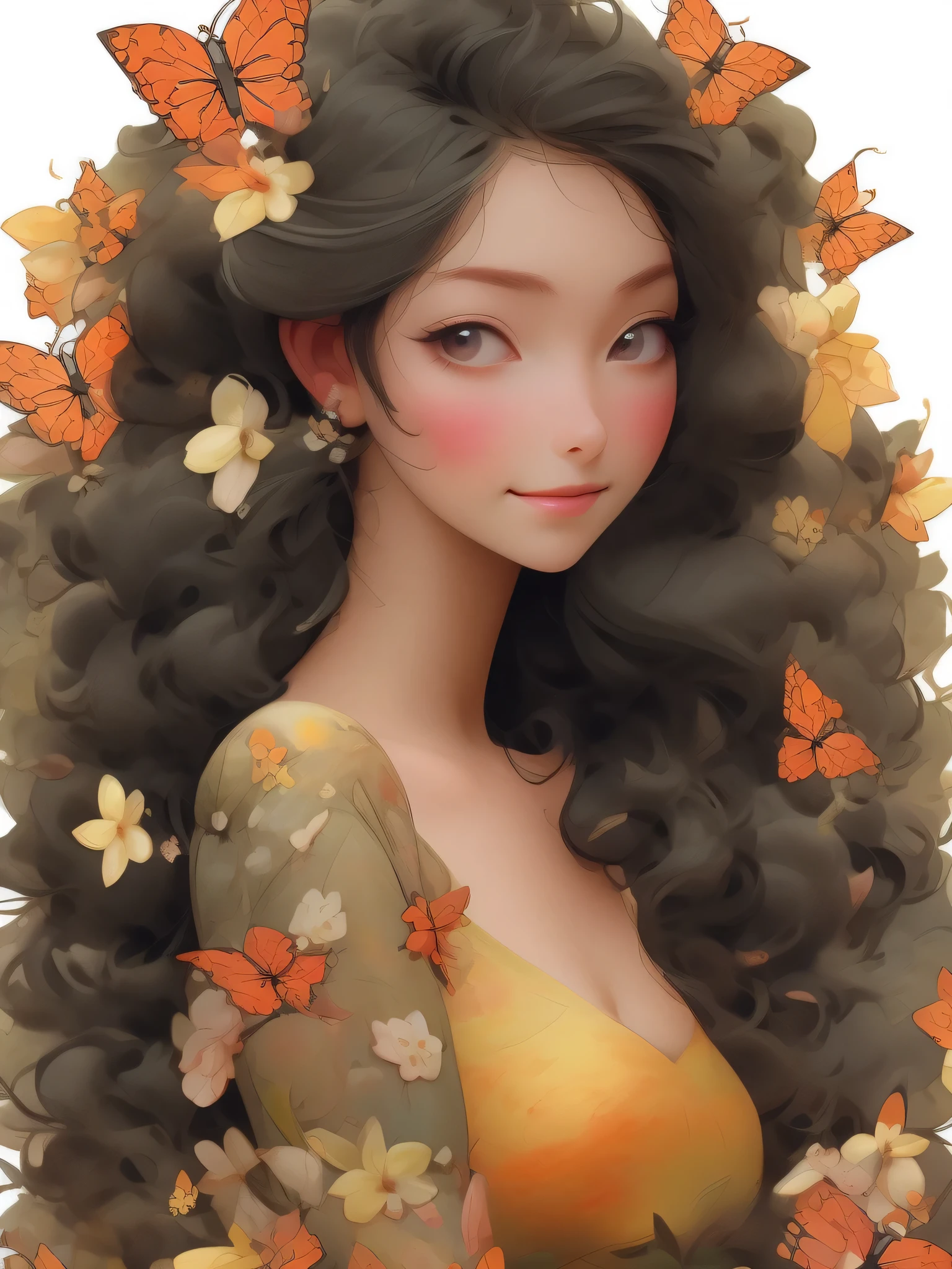 Illustration in the style of Kim Jung Gi, de una hermosa chica vestida con trajes sexys, de mirada picara, tangled hair and surrounded by flowers, leaves and insects like monarch butterflies on an autumn afternoon. En tonos anaranjados y rojizos.
