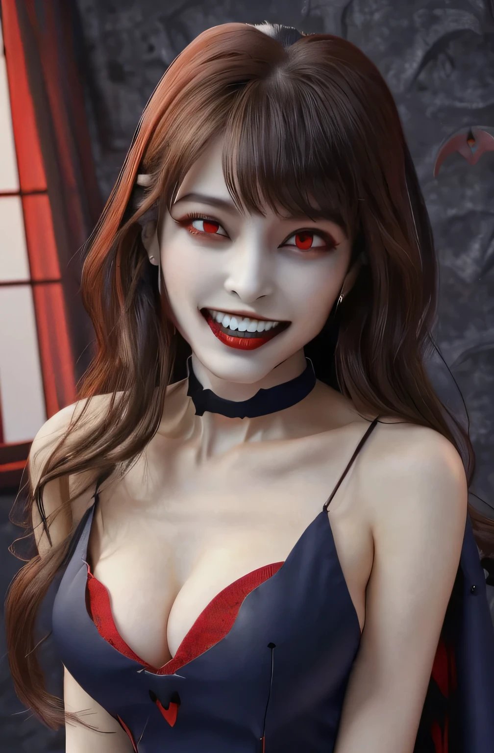 masterpiece, 1 woman per photo, Cute Day Book Person Secretary, Very cute face, Glossy Lips, Double eyelids on both eyes, Natural Makeup, (Brown Hair , Long Bob Hair), Asymmetrical bangs, High resolution, Attention to detail, Detailed hairstyle, Detailed face, Detailed eyes, Octane Rendering, Ultra-realistic, Perfect limbs, Perfect Anatomy, ((Black Choker:1.2)), Red eyes, Big Bre body is slim:1.5)), Cool Beauty, Slim face, smile, Fantasy World, ((Straight Long Hair)), Wooden wall, Wooden desk, Wooden chair, Big Breasts, (Navness suit:1.4), document, Book, High nose, A sadistic smile, Grin, Evil s((Red glowing eyes, Spooky Woman)), Guess face, (Cleavage, Big Breasts),((vampire, #39;s tooteeth、tooth:1.6))