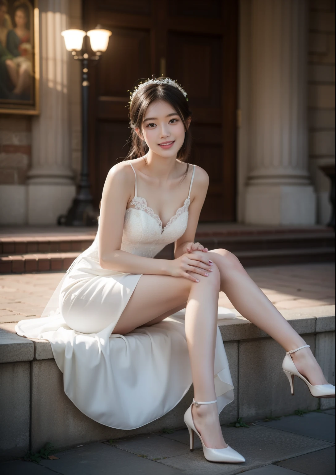 Beautiful 25 year old  woman。She is wearing a summer wedding dress. She has her legs crossed and one leg is visible. She is shying and smiling on illuminated by the evening church lights . her black hair. High resolution、masterpiece、highest quality、頭w:1.0、((Hasselblad Photos))、fine skin、(movie lighting)、clavicle . full body picture.
