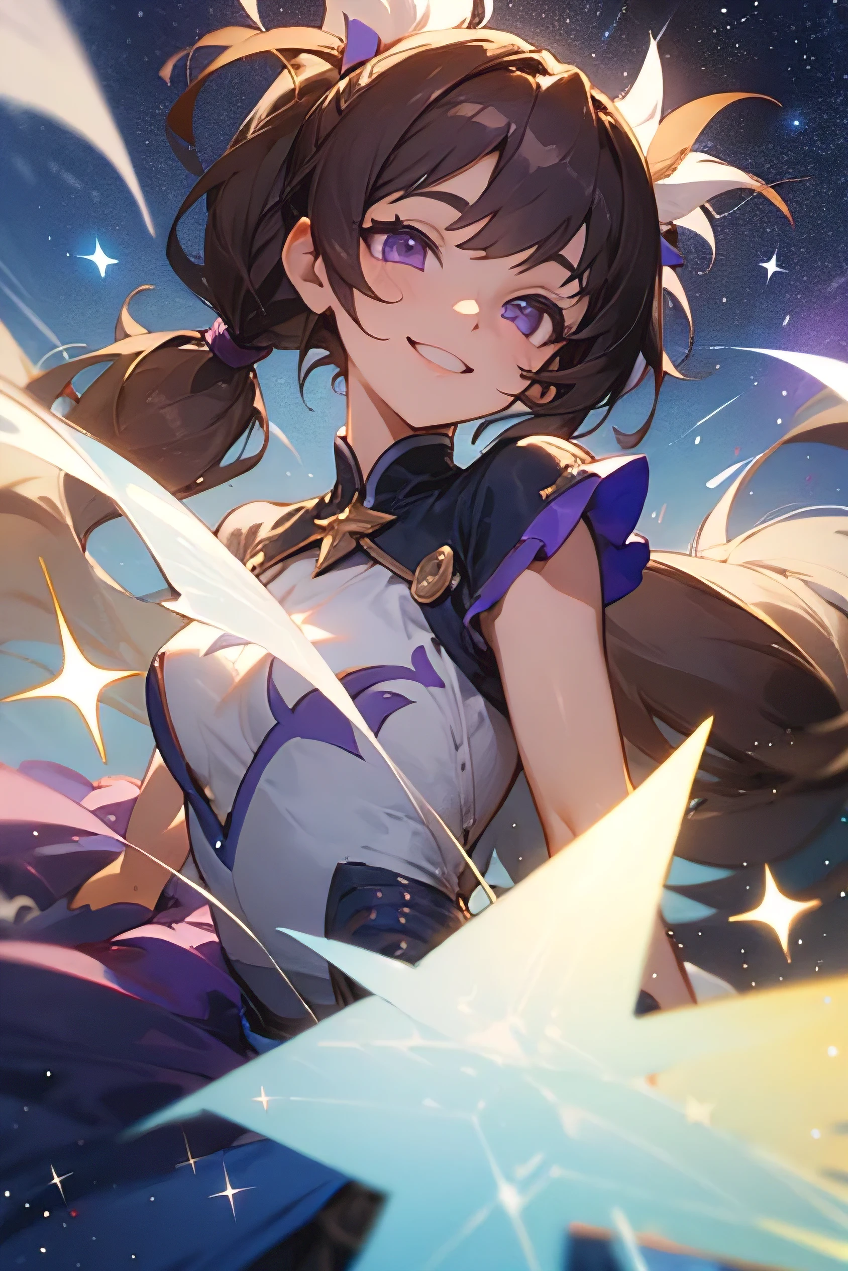 Female, long hair, dark hair, purple eyes, twin Pony tails haircut, stars, sparkles, happy face, smiling, magic