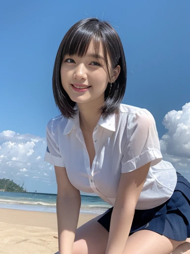 8k、(highest quality)、Upper Body:1.5、Very detailed、High resolution、8k、Angle from below、Small breasts、Thin lips、Detailed face、Cute Smile、Cute Japanese Woman、Cute 24 year old beauty、Beautiful and elegant face、Cute face、Natural Bangs、Arched eyebrows、Groomed eyebrows、(Large, balanced eyes)、Cute eyes、Beautiful Eyes、Beautiful thin nose、Beautiful face line、Beautiful Skin、Medium Bob Hair、Natural Bangs、Slim face、Slim figure、(A kind smileでカメラを見て)、Lighting the face、Bright lighting、Professional Lighting、Forward lighting、A kind smile、Cute pose on the beach、(She is wearing a white short-sleeved blouse shirt and a navy pleated mini skirt.)、Beautiful legs、Smooth skin、Slim and beautiful thighs、((Wearing a white blouse shirt and a navy pleated mini skirt, leaning forward with hands on knees))、Summer Morning、Beautiful white sand beach on a southern island、Tropical Beach、(Lighting the face)、Knee-high socks、Large ribbon on the chest、、Sailor Uniform、