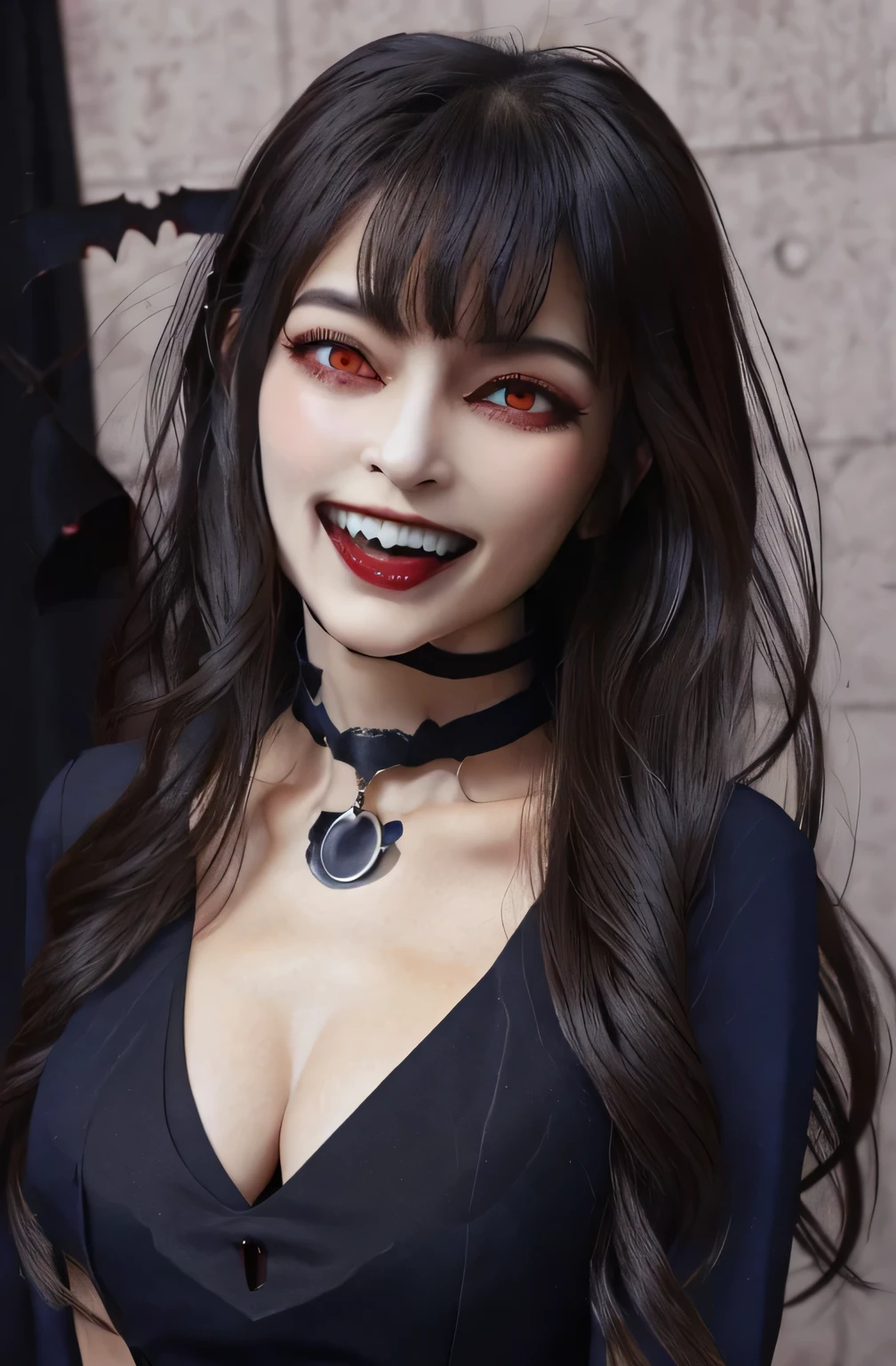 masterpiece, 1 mature woman per photo, Cute secretary, Very cute face, Glossy Lips, Double eyelids on both eyes, Natural Makeup, (Brown Hair , Long Bob Hair), Asymmetrical bangs, High resolution, Attention to detail, Detailed hairstyle, Detailed face, Detailed eyes, Octane Rendering, Ultra-realistic, Perfect limbs, Perfect Anatomy, ((Black Choker:1.2)), Red eyes, Big Breasts, ((the body is slim:1.5)), Cool Beauty, Slim face, smile, Fantasy World, ((Straight Long Hair)), Wooden wall, Wooden desk, Wooden chair, Big Breasts, (Navy blue business suit:1.4), document, Book, High nose, A sadistic smile, Grin, Evil smile, ((Red glowing eyes, Spooky Woman)), Guess face, (Cleavage, Big Breasts),((vampire, Vampire fangs, Double teeth、fang:1.6))