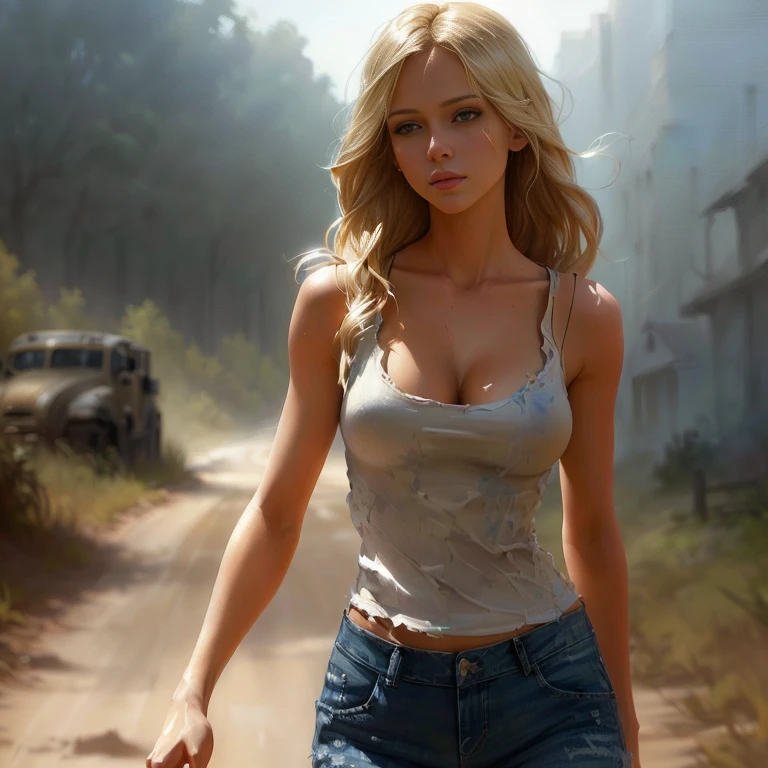 Blonde woman wearing a white tank top and blue jeans walking along a dirt road, Gorgeous digital painting, annabeth chase, Beautiful digital painting, Amazing digital painting, Beautiful digital art, Realistic digital painting, high quality digital painting, HD Digital Painting, ultra Realistic digital painting, Fully clothed. Sexy Painting, Ultra-realistic concept art, Surreal fantasy art, Emma Frost
