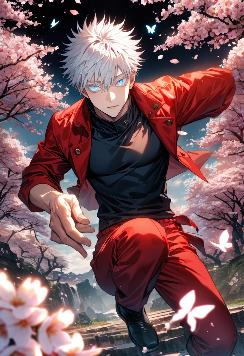 Ultra detailed, Highres, absurdres, HDR, Gojo Satoru, white hair with bangs, hair between the eyes, expressive blue eyes, white eye lashes, Jujutsu Kaisen, red jacket with patters, cherry blossoms, petals, extremely handsome, sexy man, solo, very detailed eyes and face, spring, butterflies, blossoms, black tight T-shirt, red pants, toned chest,