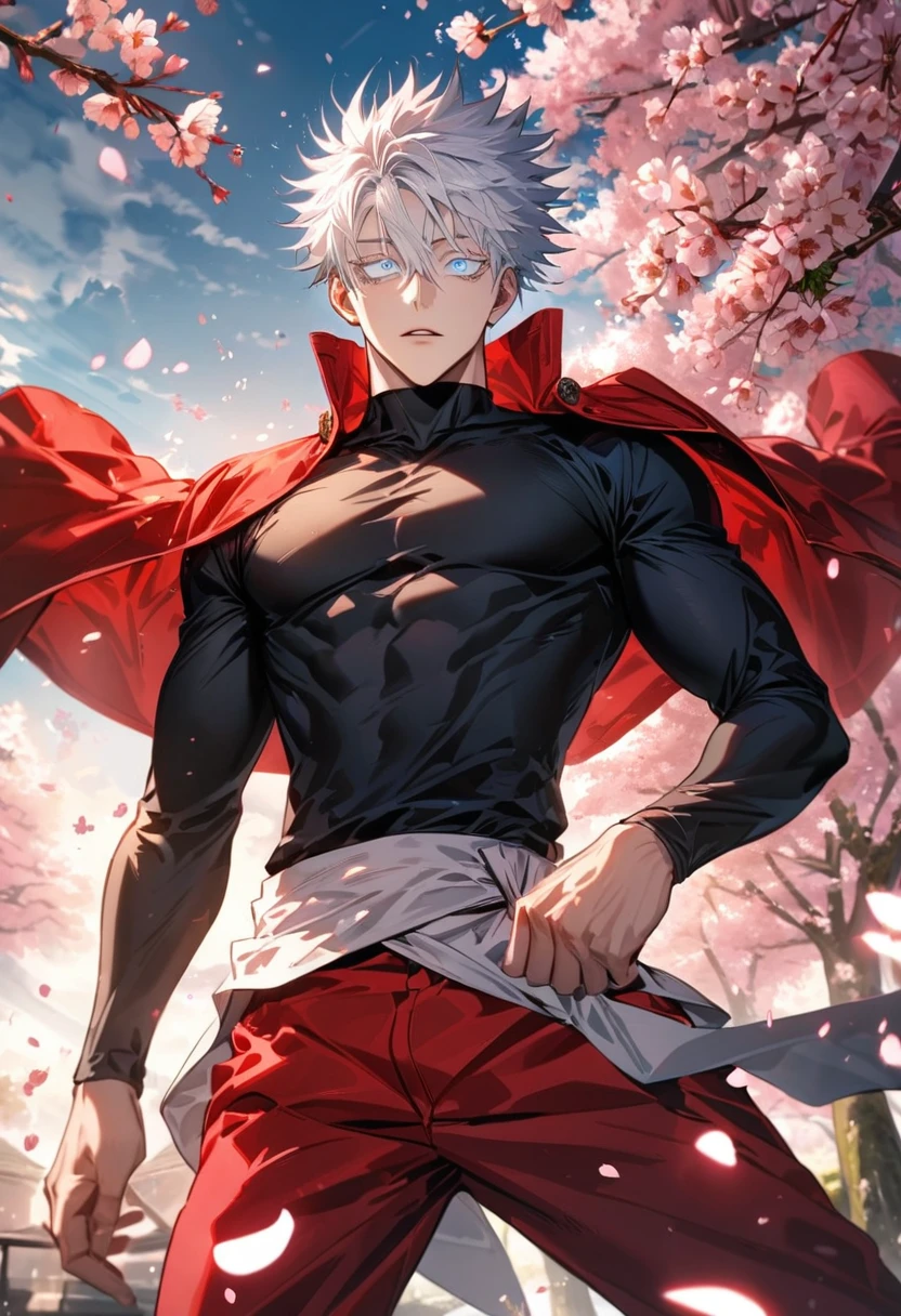 Ultra detailed, Highres, absurdres, HDR, Gojo Satoru, white hair with bangs, hair between the eyes, expressive blue eyes, white eye lashes, Jujutsu Kaisen, red jacket with patters, cherry blossoms, petals, extremely handsome, sexy man, solo, very detailed eyes and face, spring, butterflies, blossoms, black tight T-shirt, red pants, toned chest,
