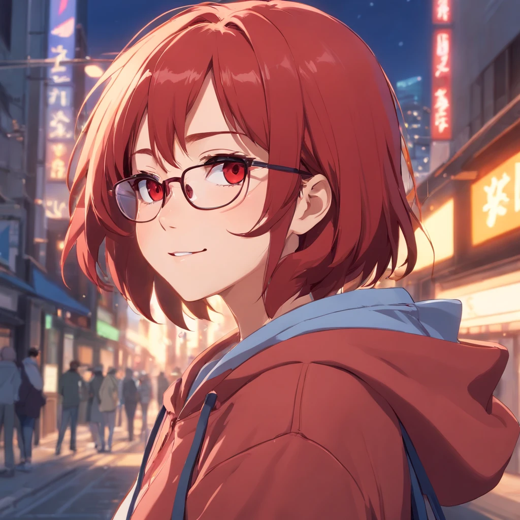 Stretching, redhead, Anime hoodie, tall, Perfect hands, perfect face, Glasses, Red eyes, perfect body, smiling, Sensualizing