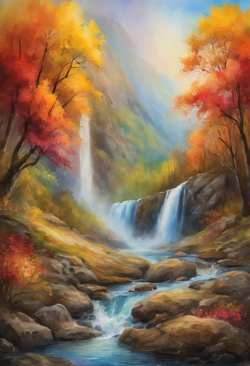 rainbow,waterfall,Flower Field,Golden Glitter,Otherworldly atmosphere,fantastic,The best view.
