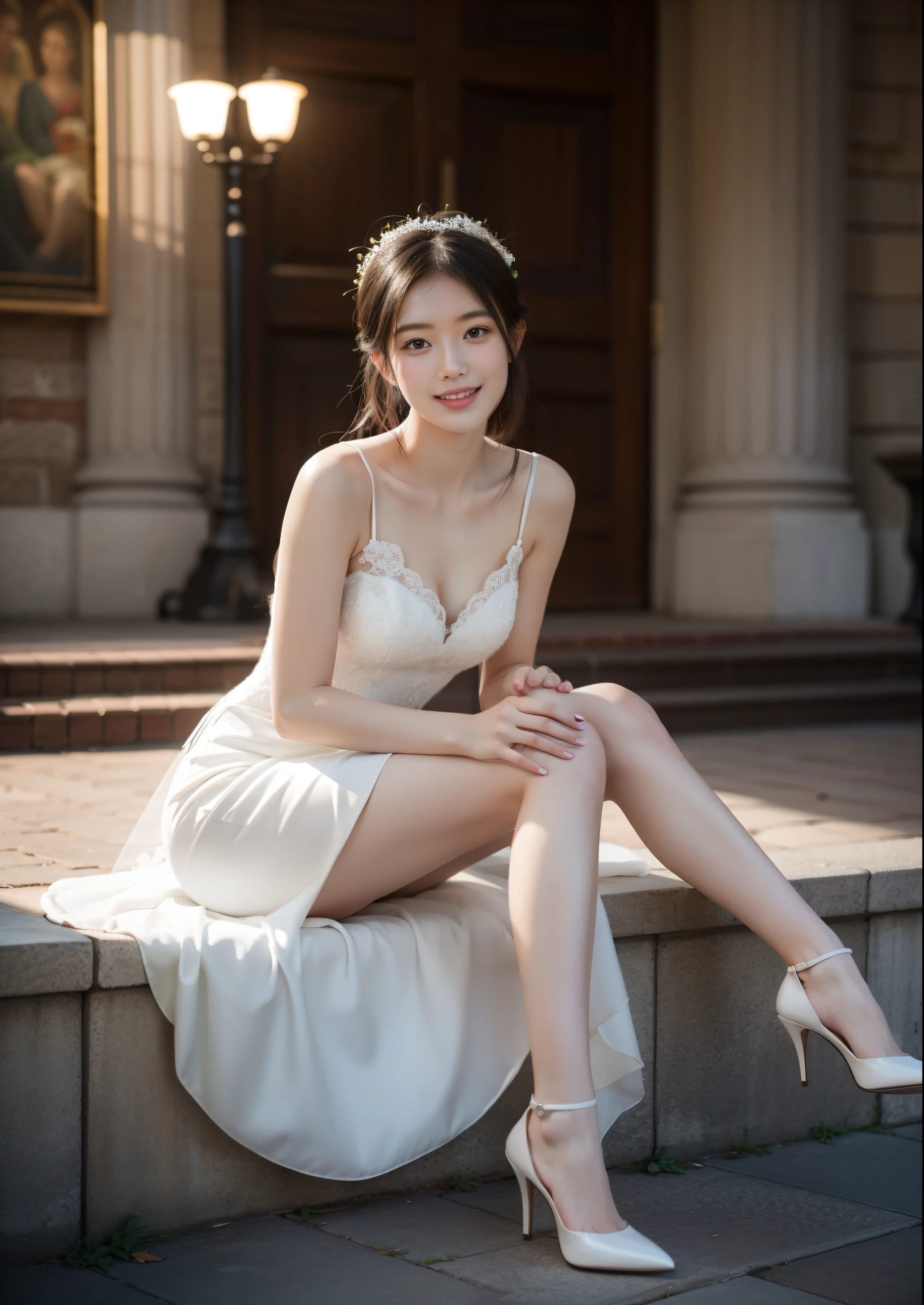 Beautiful 25 year old woman。She is wearing a summer wedding dress. She has her legs crossed and one leg is visible. She is shying and smiling on illuminated by the evening church lights . her black hair. High resolution、masterpiece、highest quality、頭w:1.0、((Hasselblad Photos))、fine skin、(movie lighting)、clavicle . full body picture.