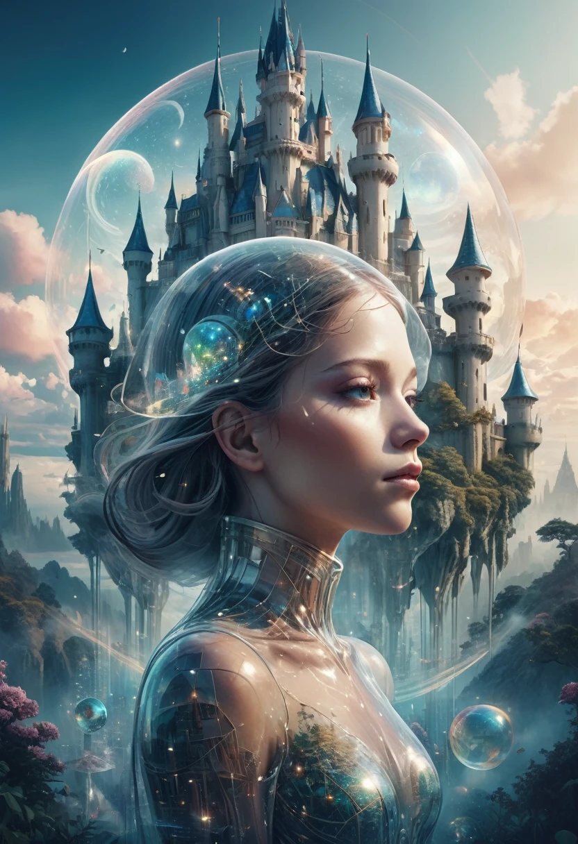 Dubrec style,Transparent character portrait,Future vision of dream castle image,(Multiple Exposure:1.8),Intricate illustration in surreal art style,surreal dreamscape,Future utopian world dream