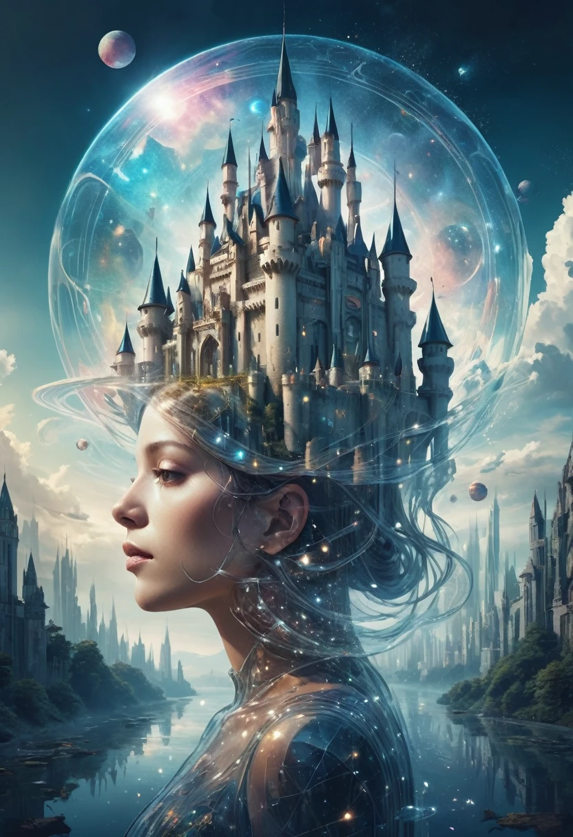 Dubrec style，Transparent character portrait，Future vision of dream castle image，（Multiple Exposure：1.8），Intricate illustration in surreal art style，surreal dreamscape，Future utopian world dream