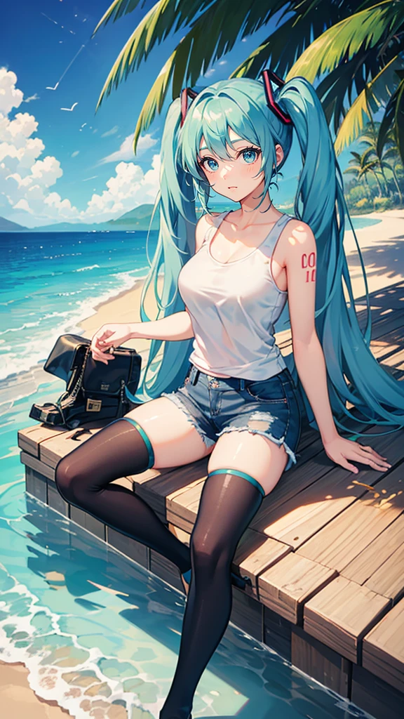 Highquality image of Hatsune Miku, Twin Tail, light Blue Eye, light Blue Hair, (very short white tank top), (very short denim pants), big breasts, (black tights), high-heeles, 1girl, Hawaii, blue sea, palm trees, sunlight, night view, sea