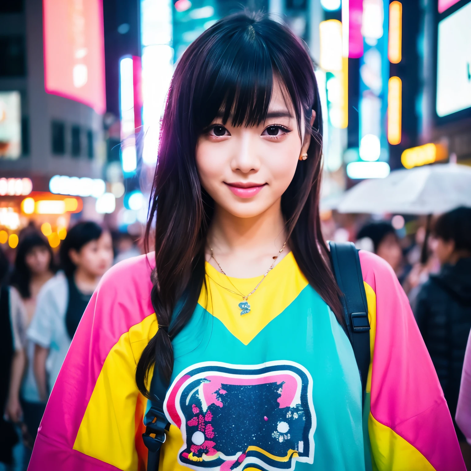 Here's a prompt for generating an image of a beautiful woman inspired by Shibuya, Japan:

**Prompt:**

"Create an image of a stunning young woman, aged 20-25, with a mesmerizing gaze, inspired by the vibrant and trendy atmosphere of Shibuya, Tokyo. She should embody the essence of Japanese kawaii (cuteness) and gyaru (gal) culture.

**Characteristics:**

* Hair: Bright, bold, and colorful, with streaks of pink, blue, or purple, styled in a trendy, edgy manner, with volume on top and wispy bangs.
* Eyes: Large, expressive, and lined with bold, colorful eyeliner, with a subtle sparkle to reflect the neon lights of Shibuya's streets.
* Skin: Smooth, porcelain-like complexion with a subtle glow, as if kissed by the Tokyo sun.
* Fashion: A stylish, eclectic outfit that blends Harajuku-inspired streetwear with Shibuya's trendy, fashion-forward vibe. Think bold prints, bright colors, and statement accessories.
* Accessories: A trendy handbag, chunky jewelry, and bold, colorful nails that match her vibrant personality.
* Background: A blurred, dreamy background that captures the essence of Shibuya's bustling streets, with hints of neon lights, giant video screens, and towering skyscrapers.

**Mood and Expression:**

* Confident, carefree, and playful, with a hint of sass and a dash of sweetness.
* A subtle smile that suggests she's always up to something fun and exciting.
* Her eyes should sparkle with a sense of adventure and a love for life.

**Style:**

* Inspired by Japanese anime and manga, with a touch of Western fashion influence.
* Think bold lines, vibrant colors, and dynamic composition.
* The image should be highly stylized, with a focus on capturing the essence of Shibuya's unique fashion and culture.

**Keywords:**

* Shibuya girl
* Kawaii
* Gyaru
* Harajuku fashion
* Tokyo street style
* Vibrant colors
* Bold fashion
* Confident and carefree"

This prompt should give you a good starting point for generating an image that captures the essence of Shibuya's fashi