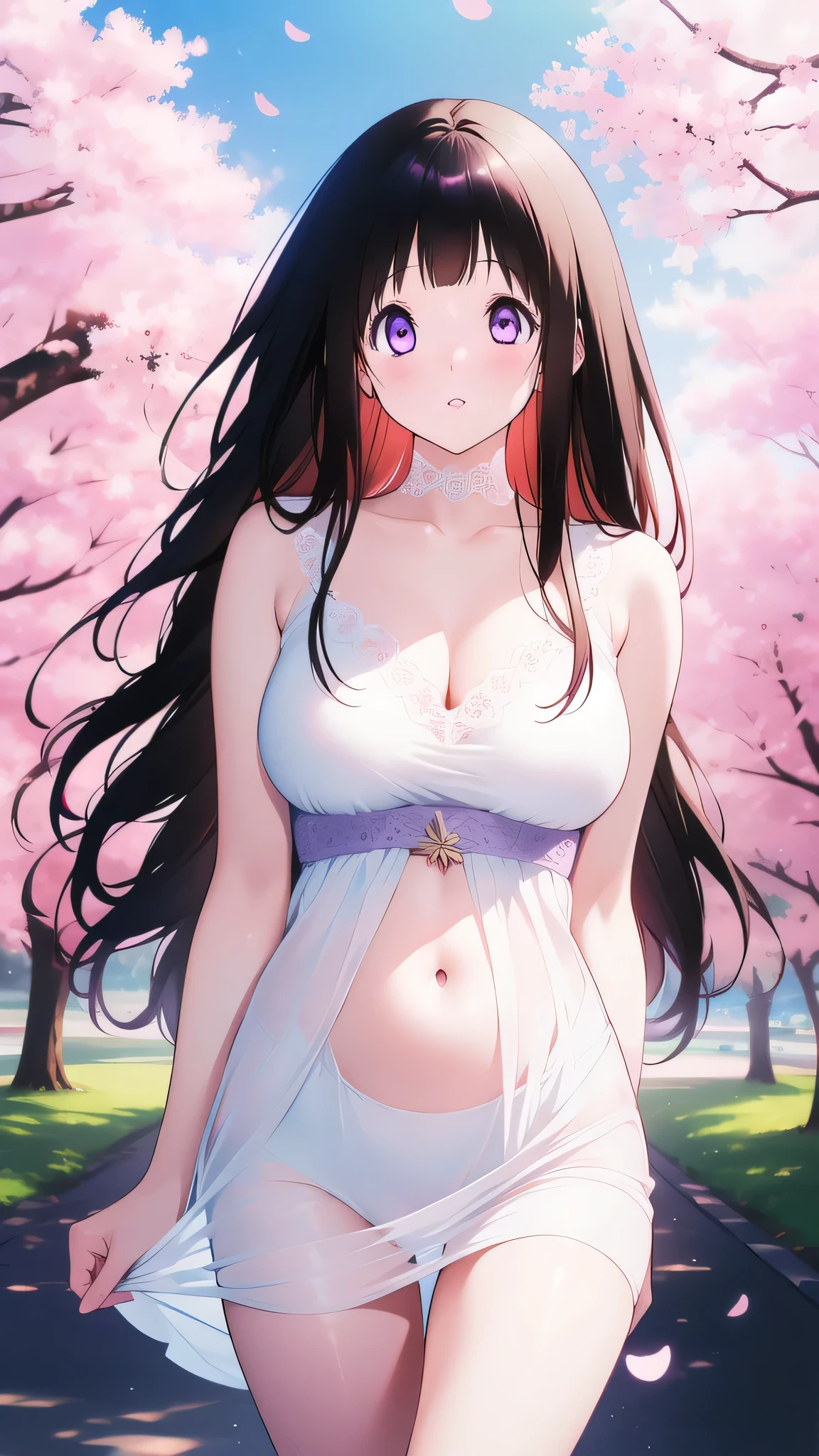 Amazing Chitanda, There is only one beautiful girl,Purple Eyes, Black Hair, Very red face,Very white skin,Glowing skin,Naturally straight hair, Straight bangs,Extremely refined,Open lips,Long flowing hair,Beautiful Girl, Like a dream,Slim,Slim waist,Soft, (Sensual), (Kawaii), Dream quality,Beautiful big breasts,Light-colored dress,Deep V neckline,Neckline opens to the belly,by the lakeside,Flying Butterflies,Cherry blossoms,no pants,Showing breasts,Show your thighs,Showing collarbone,Show your neck,Exposing the groin,No pants,extremely shy,Ultra-high resolution, (masterpiece:1.2, best quality), (Delicate and beautiful eyes: 1.2), (Beautiful and delicate face)