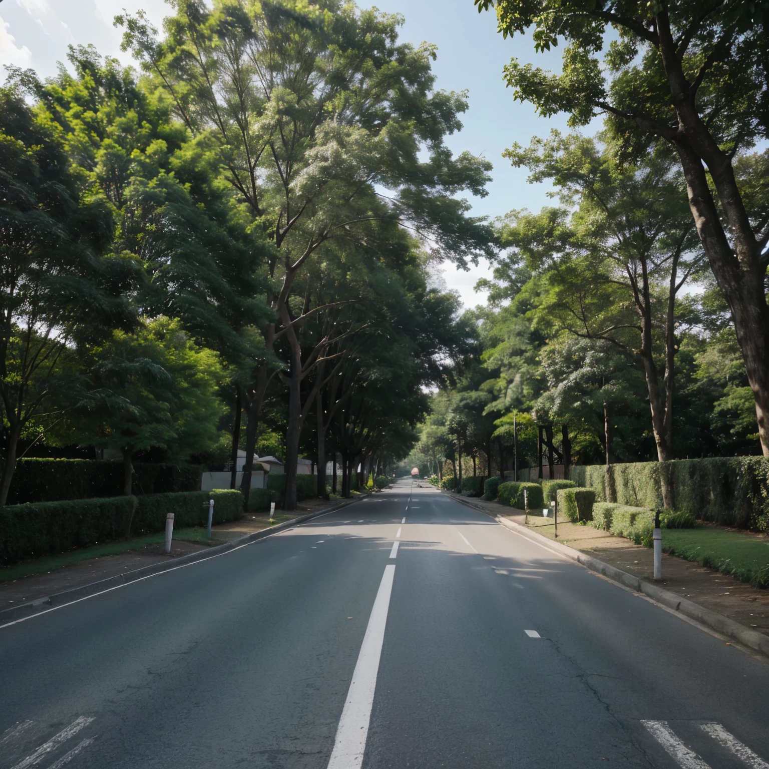 A pave road that have not so tall tress on both sides, the tress look like a province in Philippines, make it look like not ai generates