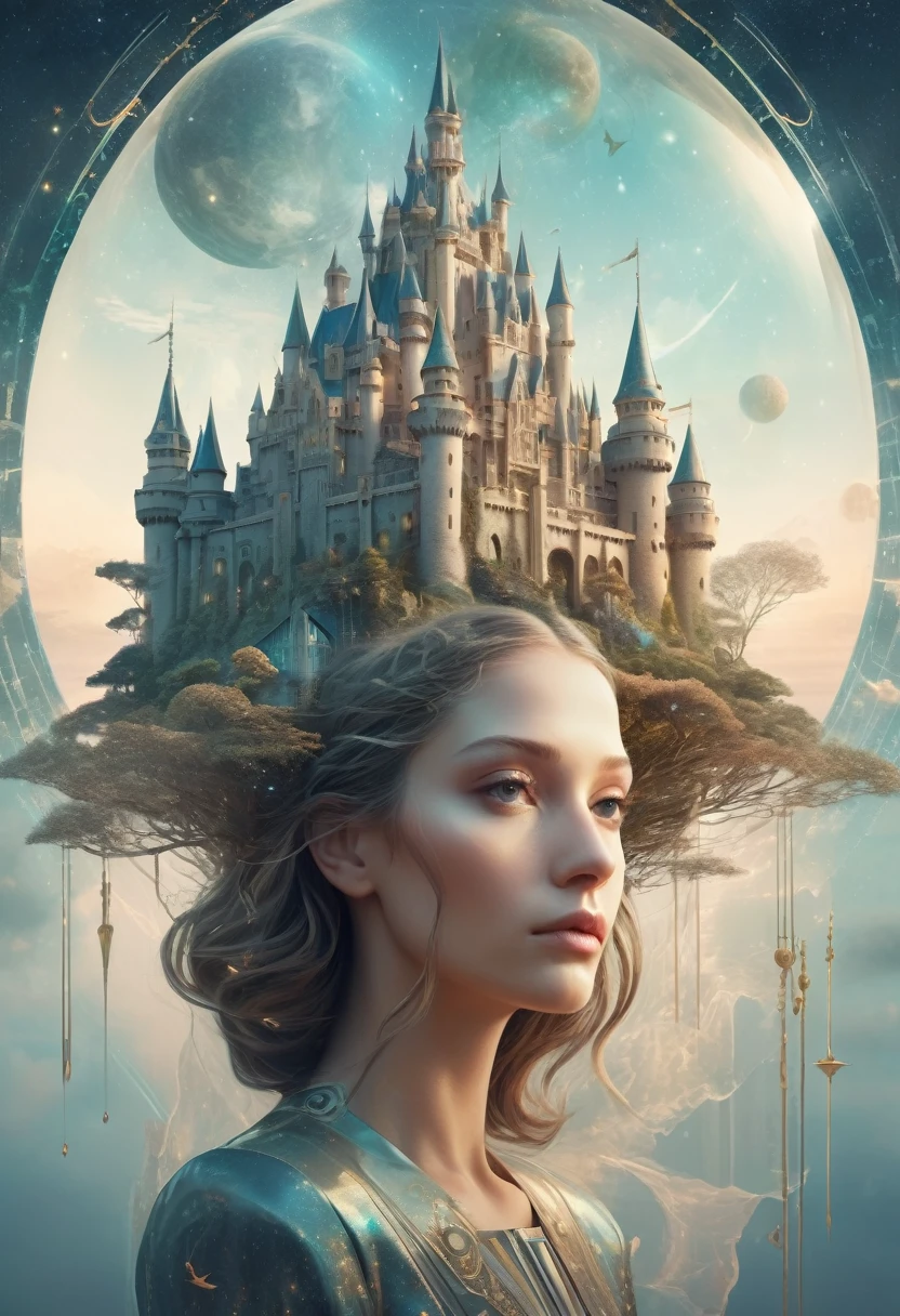 Dubrec style,Transparent character portrait,Future vision of dream castle image,(Multiple Exposure:1.8),Intricate illustration in surreal art style,surreal dreamscape,Future utopian world dream