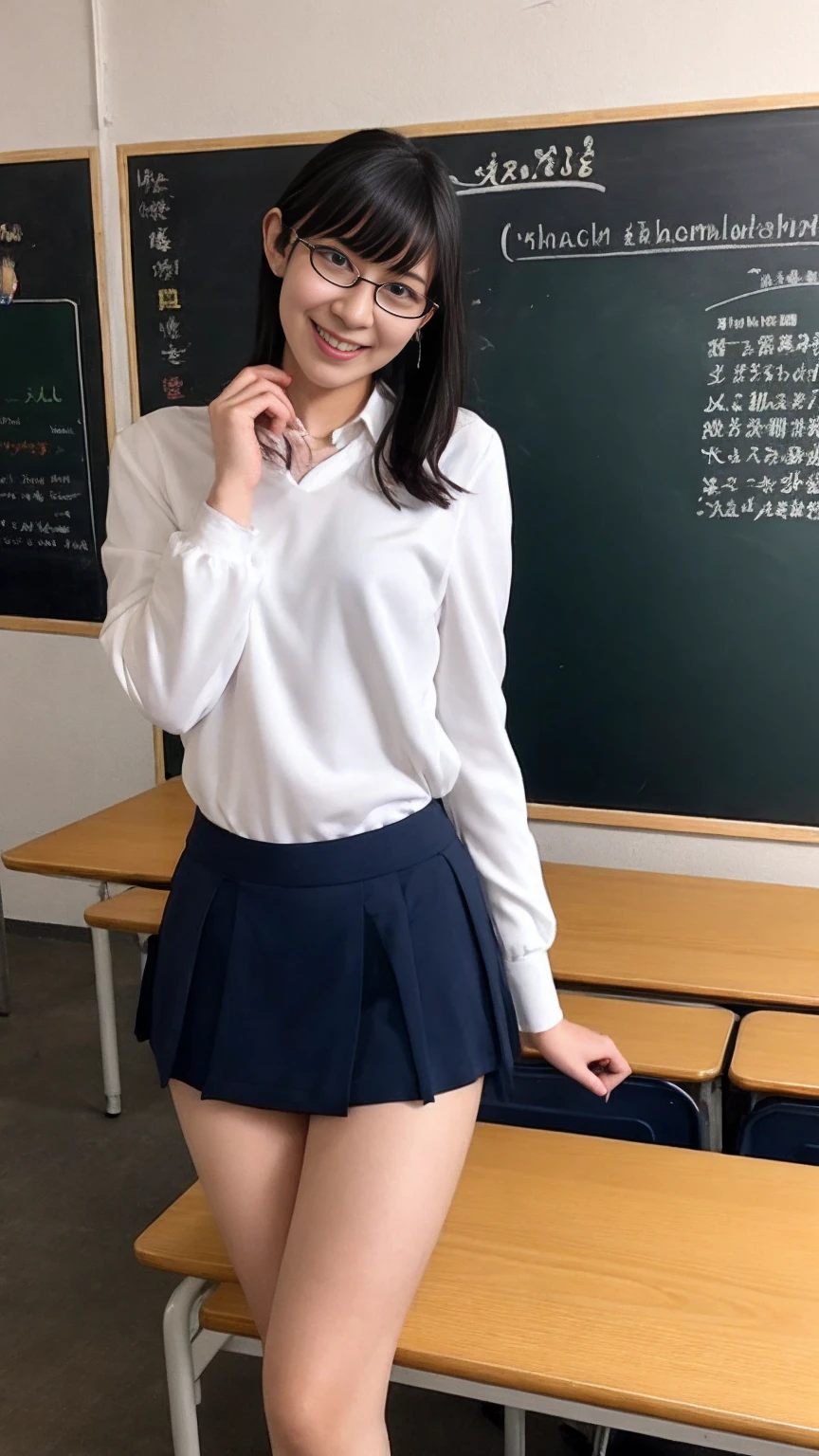 (Saya Hiyama:0.75; Yumiko Matsuo:0.25) one woman, 20 years old, waifu, smiling, black glasses, perfect face, bending on teacher desk, short skirt, sexy uniform, posing in front of a blackboard with japanese characters, classroom, hyperrealistic, cyber school girl, realistic, seifuku, dressed as, japanese girl, japanese , school girl, cute, sweet, wearing japanese, slender legs, perfect legs, perfect hands, thighs thighs thighs thighs, beautiful anime high school girl