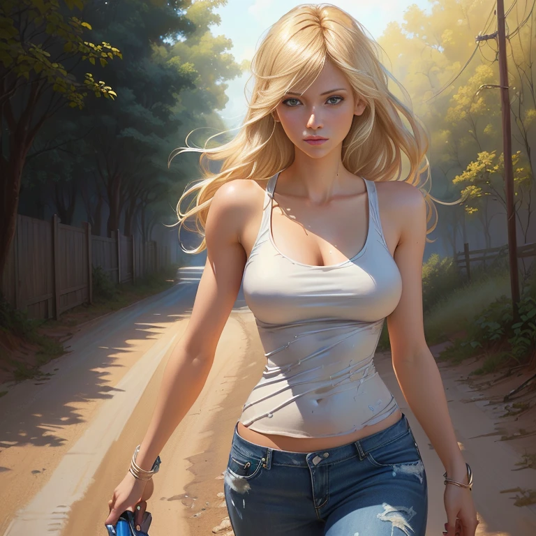 Blonde woman wearing a white tank top and blue jeans walking along a dirt road, Gorgeous digital painting, annabeth chase, Beautiful digital painting, Amazing digital painting, Beautiful digital art, Realistic digital painting, high quality digital painting, HD Digital Painting, ultra Realistic digital painting, Fully clothed. Sexy Painting, Ultra-realistic concept art, Surreal fantasy art, Emma Frost