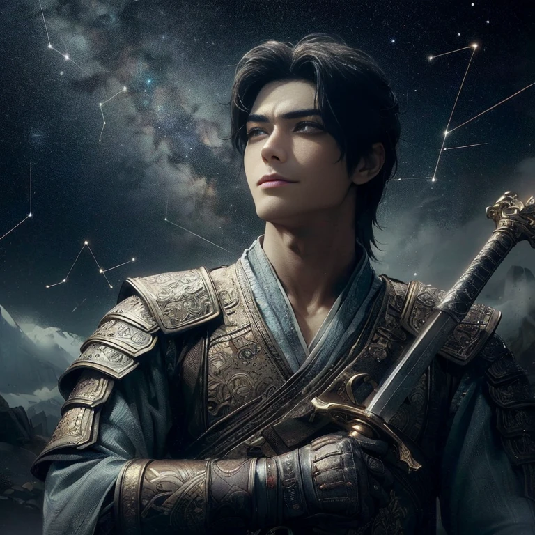 (Best Quality:1.2), (high resolution:1.2), (beautiful face and eye:1.5), (sharpest focus:1.2), (Ultra-realistic Photo:1.2), (Ultra-precise Photo:1.2), (Depth of field:1.2), (8k high resolution:1.2). (perfect anatomy:1.2), 
(nice hands:1.5), (perfect hands:1.5), (Cynical smile:1.2), (A very young and beautiful Chinese man:1.0), (lying down quietly with closed sick eyes:1.2), (At the top of a steep rocky mountain:1.2), 
(Stars of Leo twinkling in the night sky:1.2), (Looking down angle:1.2), (holding a drawn sword:1.0), (Chinese warrior with very light armor and beat-up arms:1.0), 