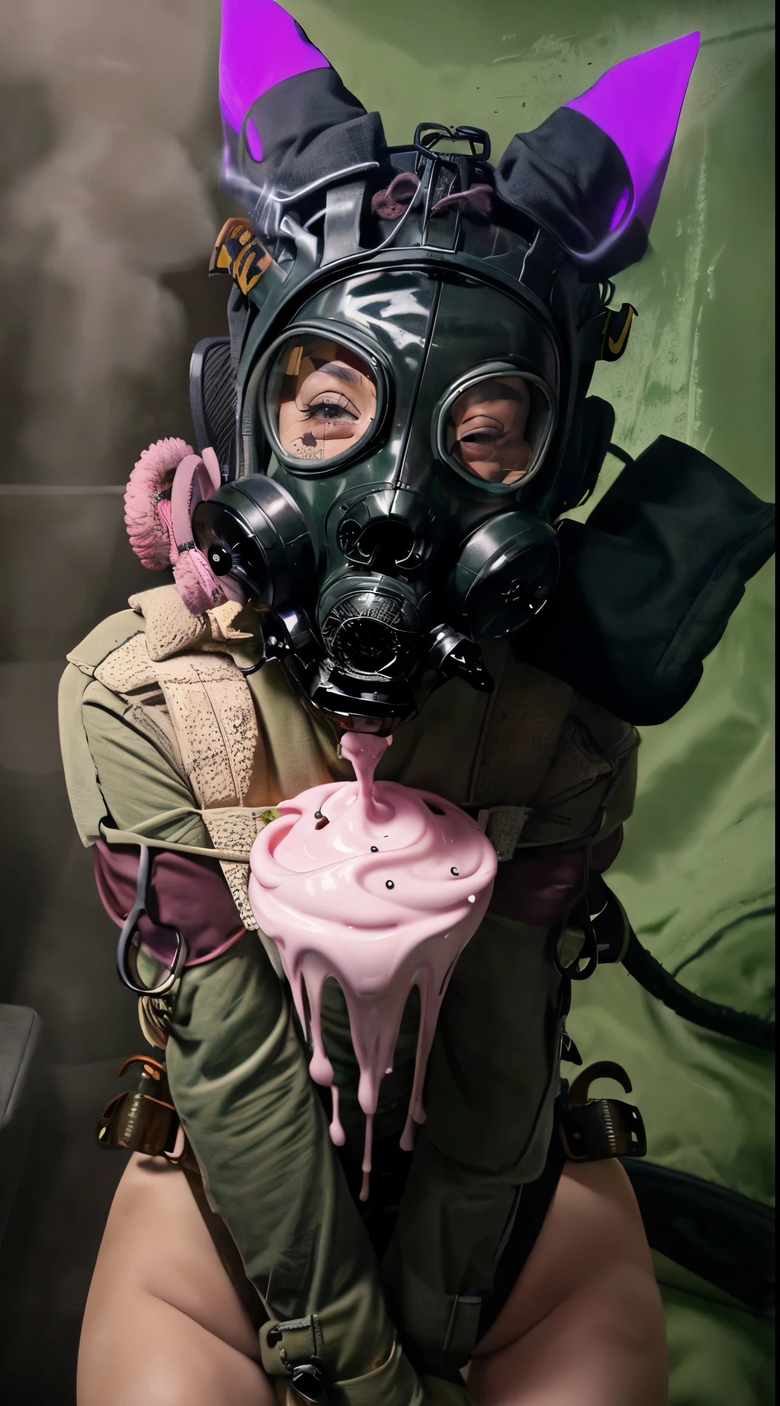 Solo, hd, vampire bat with tan fur, bat has green eyes as well as a pink nose and short blonde hair that hangs over one eye, struggling to pull off a pink slimy gas mask, gas mask is made of pink goo, mask pulled off of face so that mouth is visible, bat has massive tentacle instead into the mouth, gas mask has fat tentacle hanging out from the inside