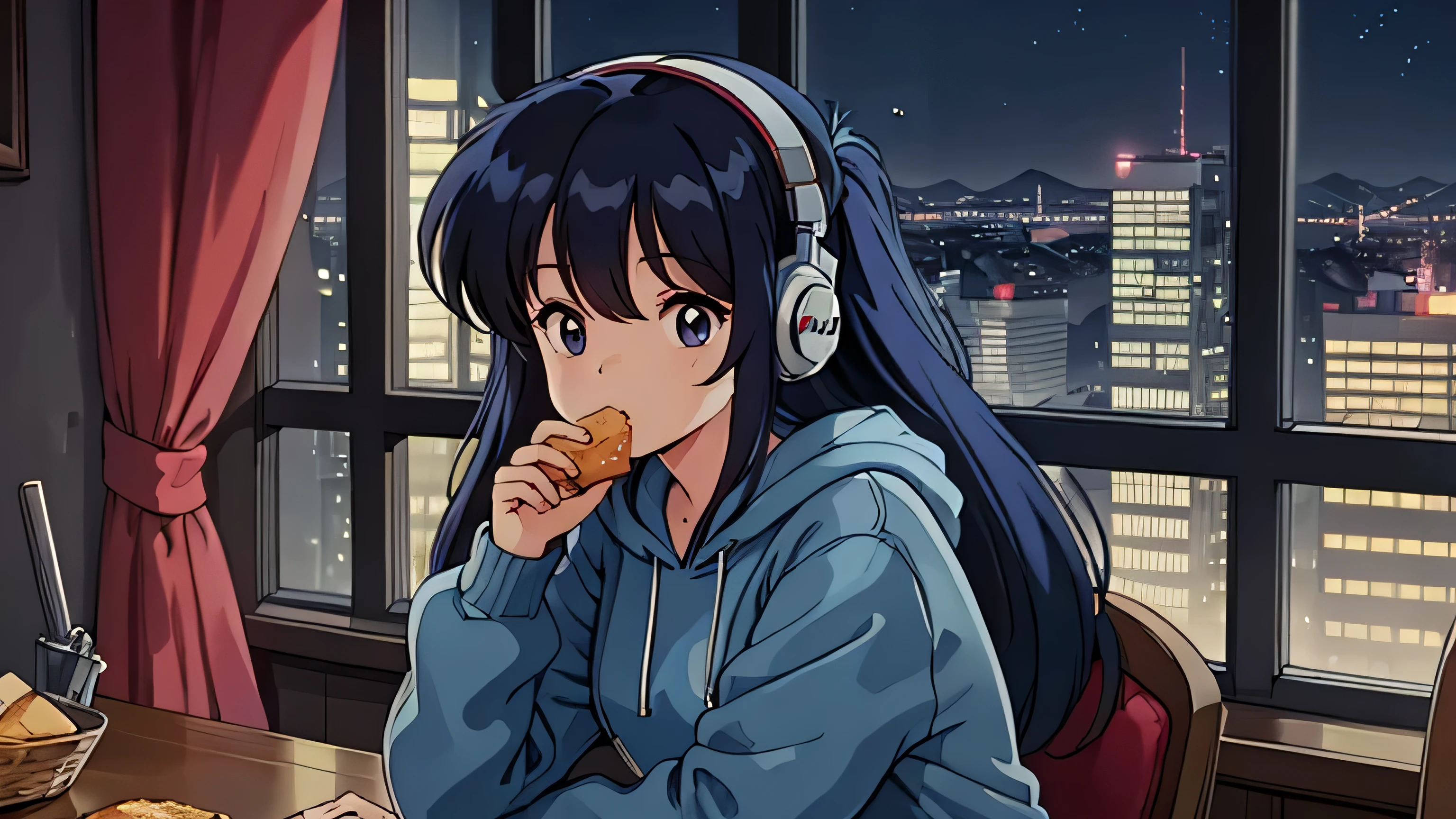 Anime,(80s anime),(Retro,(masterpiece:1.2),(Best quality:1.2), Ultra detailed,,best quality, insanely detailed, beautiful,extremely detailed , 8k),(perfect eyes,perfect hands,ultra-detailed eyes,perfect fingers),(A girl wearing headphones, a blue hoodie and blue long pants is eating bread),(a girl doesn't look this way),(long hair),(a girl only),(headphone),(You can see the city pop-style night view from the window)
