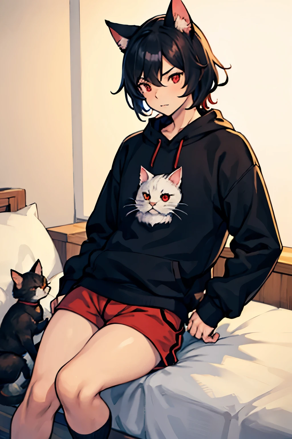One male femboy cat with black hair and red eyes on the moon in baggy sweatshirt and tight shorts