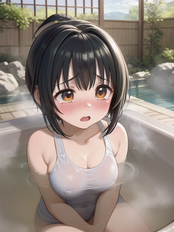 masterpiece,highest quality,Very detailed,One girl,alone,Scared,Panic,The pupils constrict,shout,Raise your eyebrows,Are crying,Eyes Wide Open, White swimsuit, One piece swimsuit, Idol Master, Miho Kohinata, Black Hair, Short Hair, Watery eye, Punishment, Crying face, scream, I am in agony, Desperately struggling, whole body, shame, boiling water，steam, whole bodyが水槽の中, Bright red skin, Withstands the heat, Being boiled, Boiled in a pot,Ironing, torture, Jail, torture部屋, Transparent bathtub