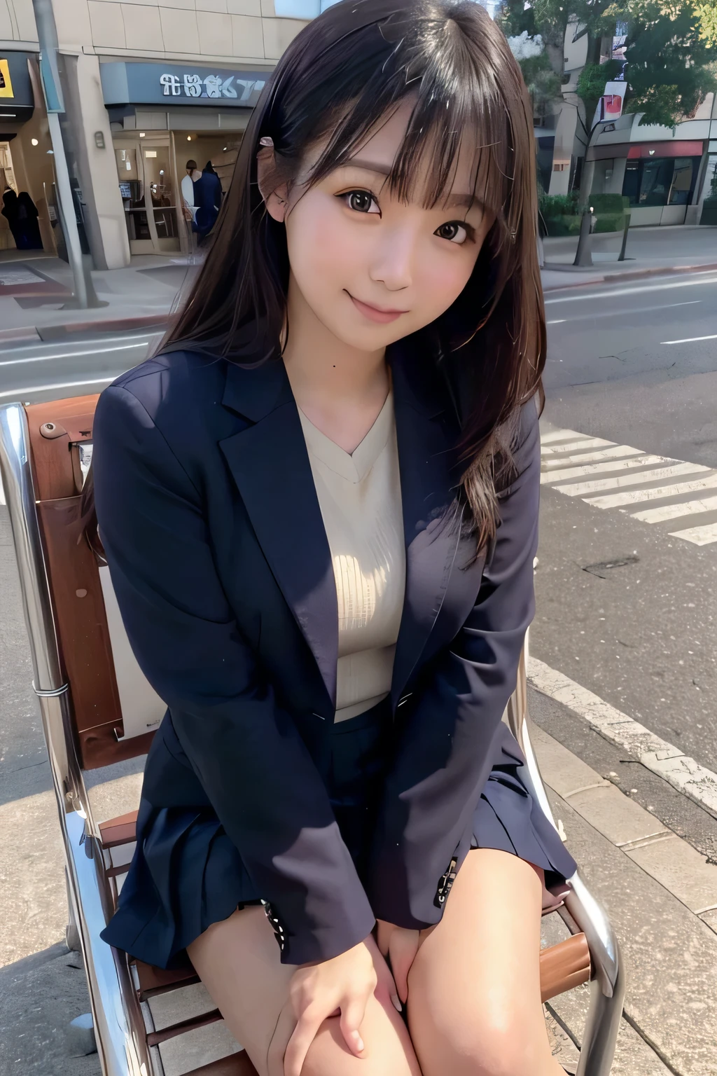 best quality, facial focus, soft light, (depth of field), ultra high res, (photorealistic: 1.4), RAW photo, (upper knees: 1.4), (sideways) 1Japanese girl, solo, handsome, (shy, smile: 1.1), (brown eyes), detailed beautiful face, (long hair), shopping center, (seated chair), (school uniform: 1.4, navy skirt, navy Blazer)