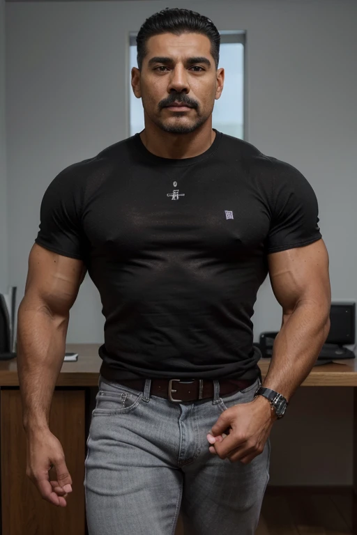 Obra maestra, mejor calidad, ultra detallado, 1 hombre, macho maduro, muscular, pedazo, bara, deportista, carne de res, negro skin, negro, piel bronceada, latino, 38 years old, negro hair, gray fur, bigote corto, cabello demasiado cortado, mirando al espectador, serious expression, camiseta gris, Tiro de medio cuerpo, science fiction background, jeans 