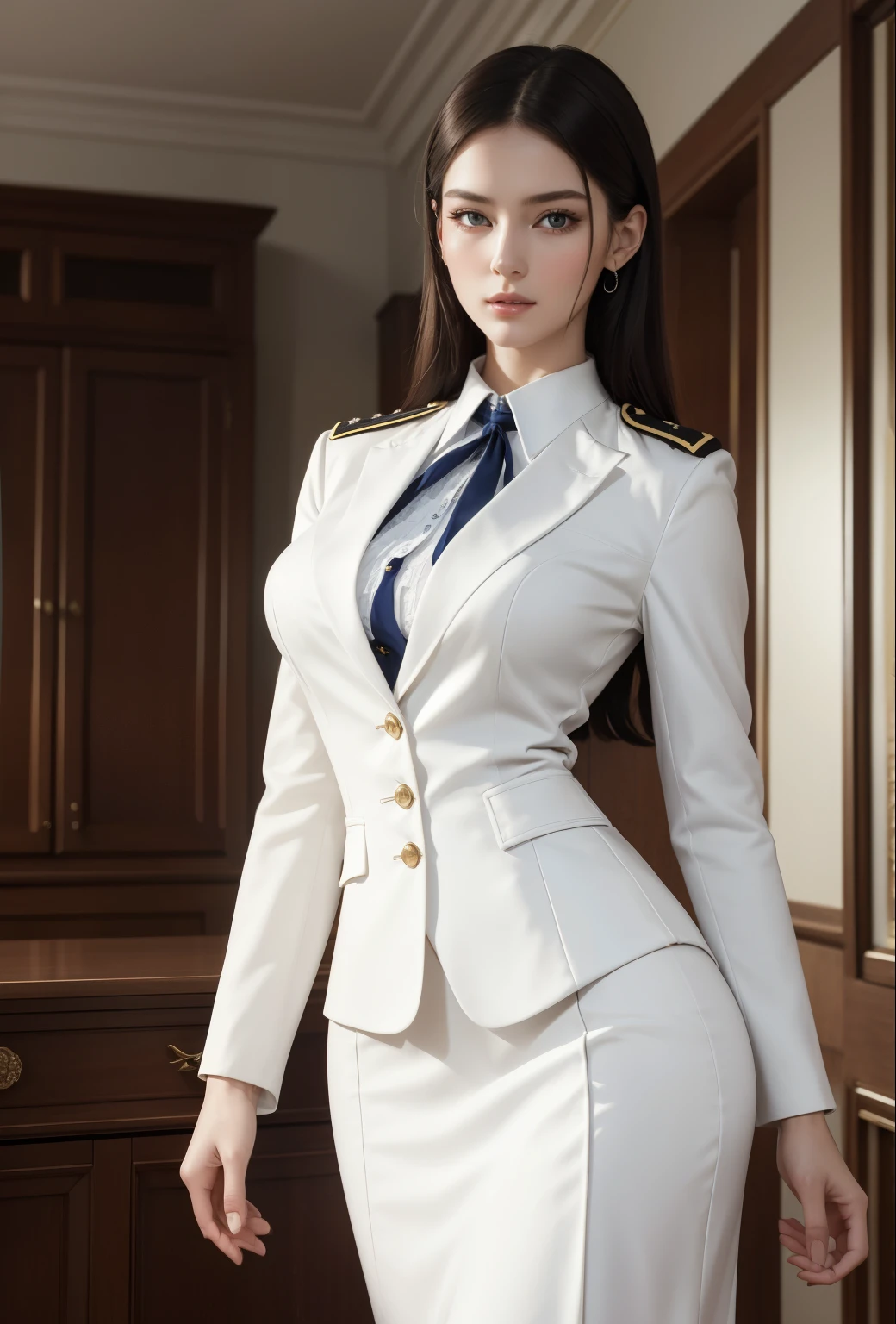 top-quality, tmasterpiece, 8K, 超A high resolution, (Photorealsitic:1.4), 1girl in、beautiful countenance、symetric eye、huge tit、Perfect body proportion、flightattendantuniform、looki at viewer、(Inside the plane:1.2)、front-facing view、Shoulder、Absolute area(1.3)、laughingly