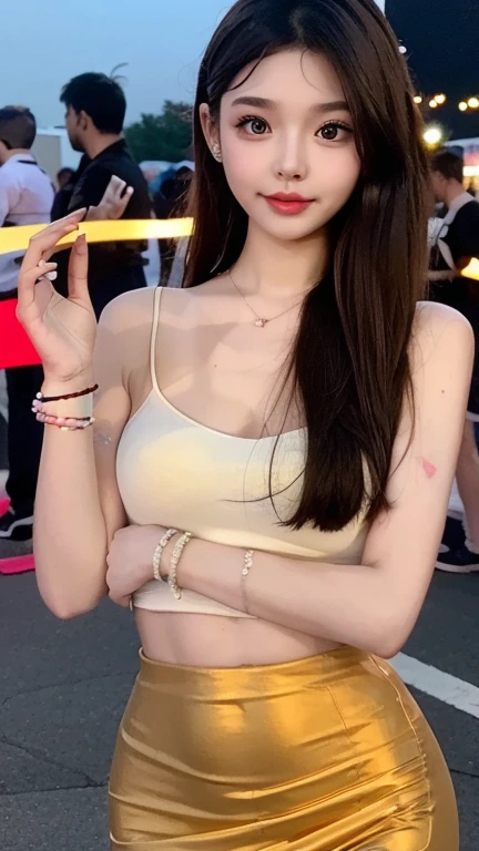 (masterpiece, 最好的quality:1.2), 1 Girl, Solitary,Charming beauty、Gold tight skirt、White pantyhose、Charming oval face、Double eyelids、Clear eyes、Dark red lipstick、Beautiful thin legs、Healthy ankles、Petite figure,Ultra HD、Super detailed的站立人物、Shape slim lower body curves,Show femininity、quality、8k、Super detailed、night、Depth of Field,light,So clear,