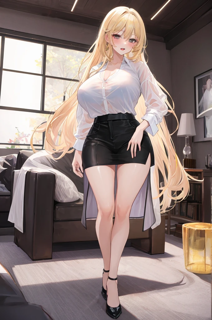 masterpiece,8k,A woman with big ,Gorgeous woman,ahegao,((Exposed)),Expose,Translucent shirt chest,Open-chested shirt,Long shirt,Long blond hair,Exquisite,Smooth legs,living room,