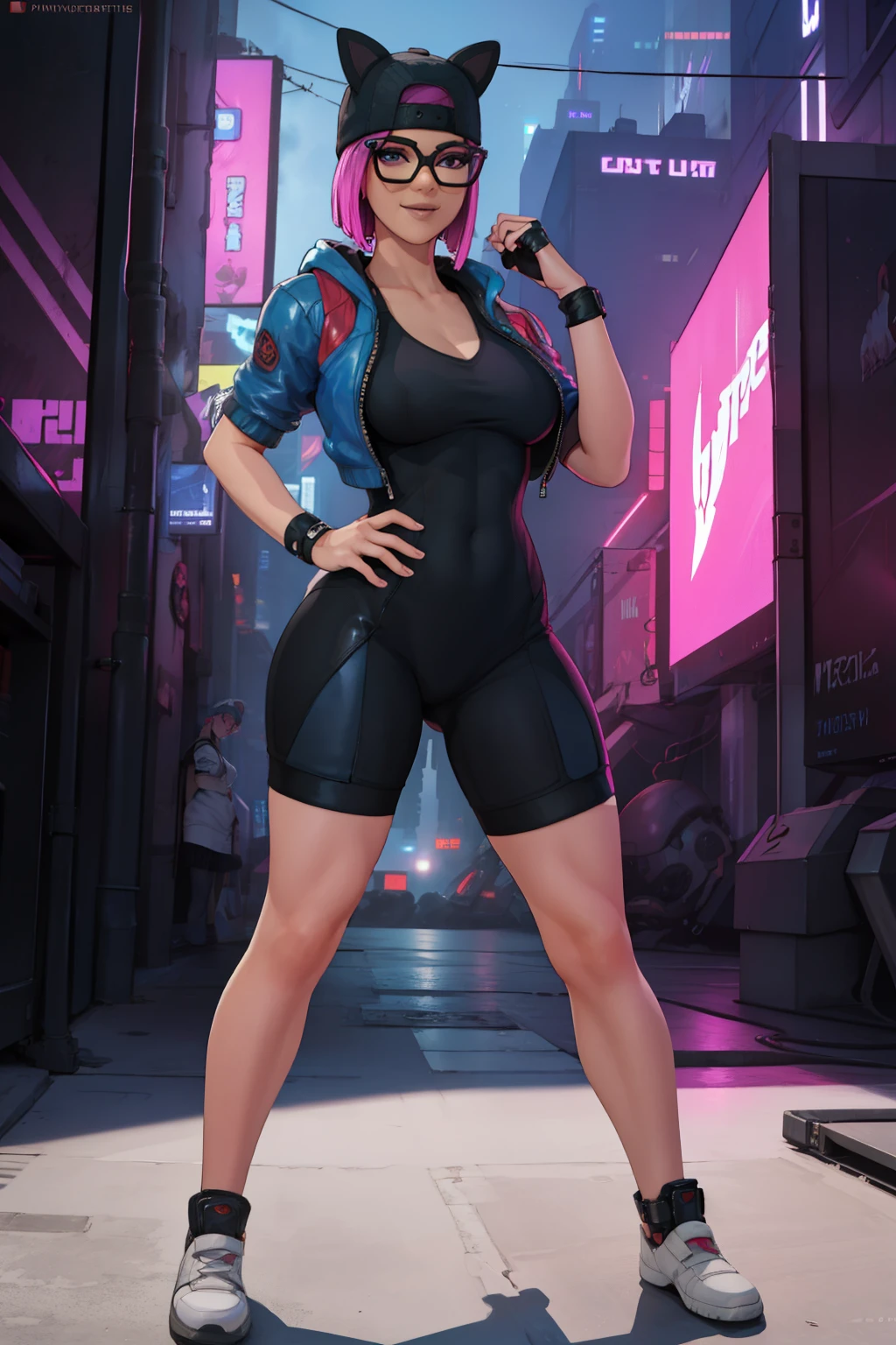 (masterpiece), (best quality), standing, (solo), looking at viewer, cyberpunk, high detailed,extremely detailed, fine eyes, smile,dynamic pose, short pink hair,cap,loose black v neck t shirt, jacket black,fingerless glove,glasses, shots latex