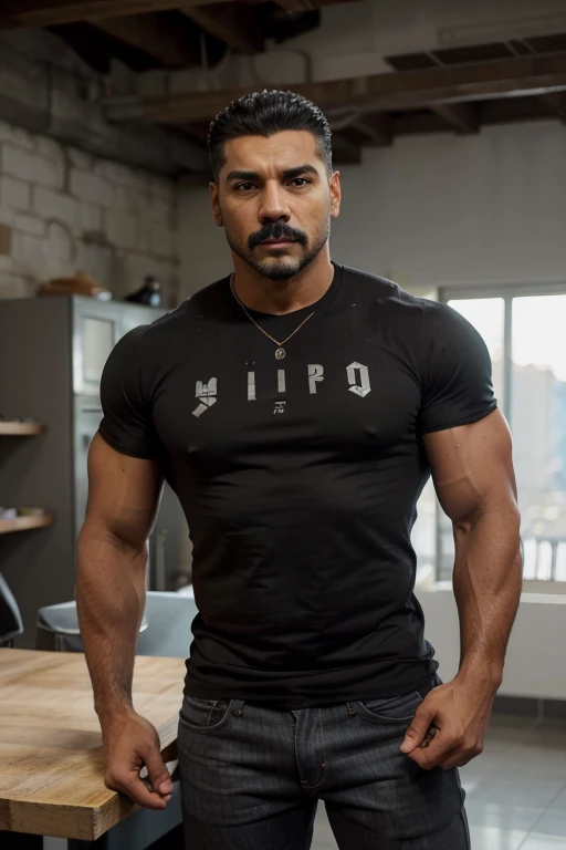 Obra maestra, mejor calidad, ultra detallado, 1 hombre, macho maduro, muscular, pedazo, bara, deportista, carne de res, negro skin, negro, piel bronceada, latino, 28 years old, negro hair, gray fur, bigote corto, cabello demasiado cortado, mirando al espectador, serious expression, camiseta gris, Tiro de medio cuerpo, science fiction background, jeans 