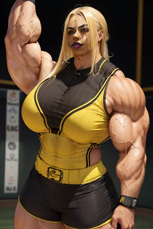 (((((Massive, tall, beautiful, light brown skinned, buff, muscular woman with yellow hair, black lipstick, ginormous bulky muscles and wearing a black and white stripe baseball jersey with shorts))))), (close view), (massive muscle), massive biceps, hyper muscle shoulders, vascular shoulders, hyper muscle triceps, (flowing long hair), gray eyes, (wristbands), choker, sneakers, (in a baseball field), confident smirk, night, hyper vascular arm, hyper muscles arms, hyper muscle legs, massive arms.