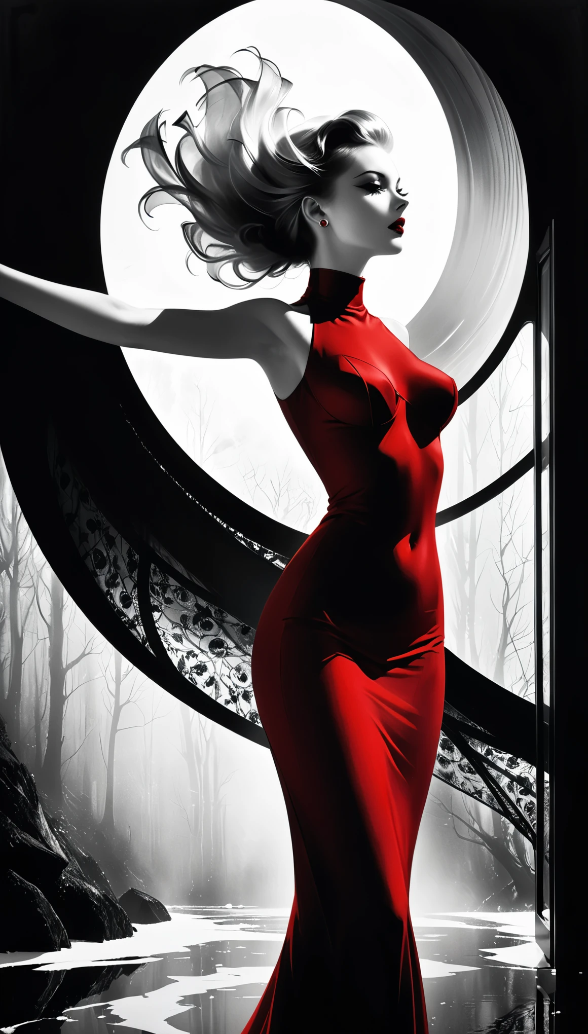 (in style of Lillian Bassman:1.8),(Mysterious Landscape),suspenseful,Fantasy,Dark,shadowy,atmospheric,dark colors (A miracle stone showing modern technological patterns),leaving the viewer suspended in a state of numb indifference,Miracle Stone,curvy,(future technology:1.3),(red dark red color palette:1.5),