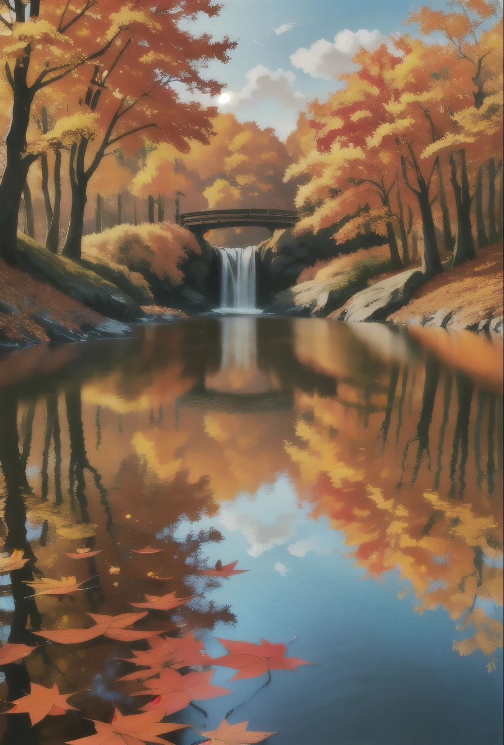 Autumn water harmoniously merges with the expanse of the sky,
ultra high definition,
realistic rendering,
soft cinematic lighting,
HDR enhancement,
sharp focus,
masterpiece of autumnal beauty,
detailed depiction of leaves and water surface,
intricate reflections of vibrant autumn hues,
8K resolution,
immersive wallpaper art.